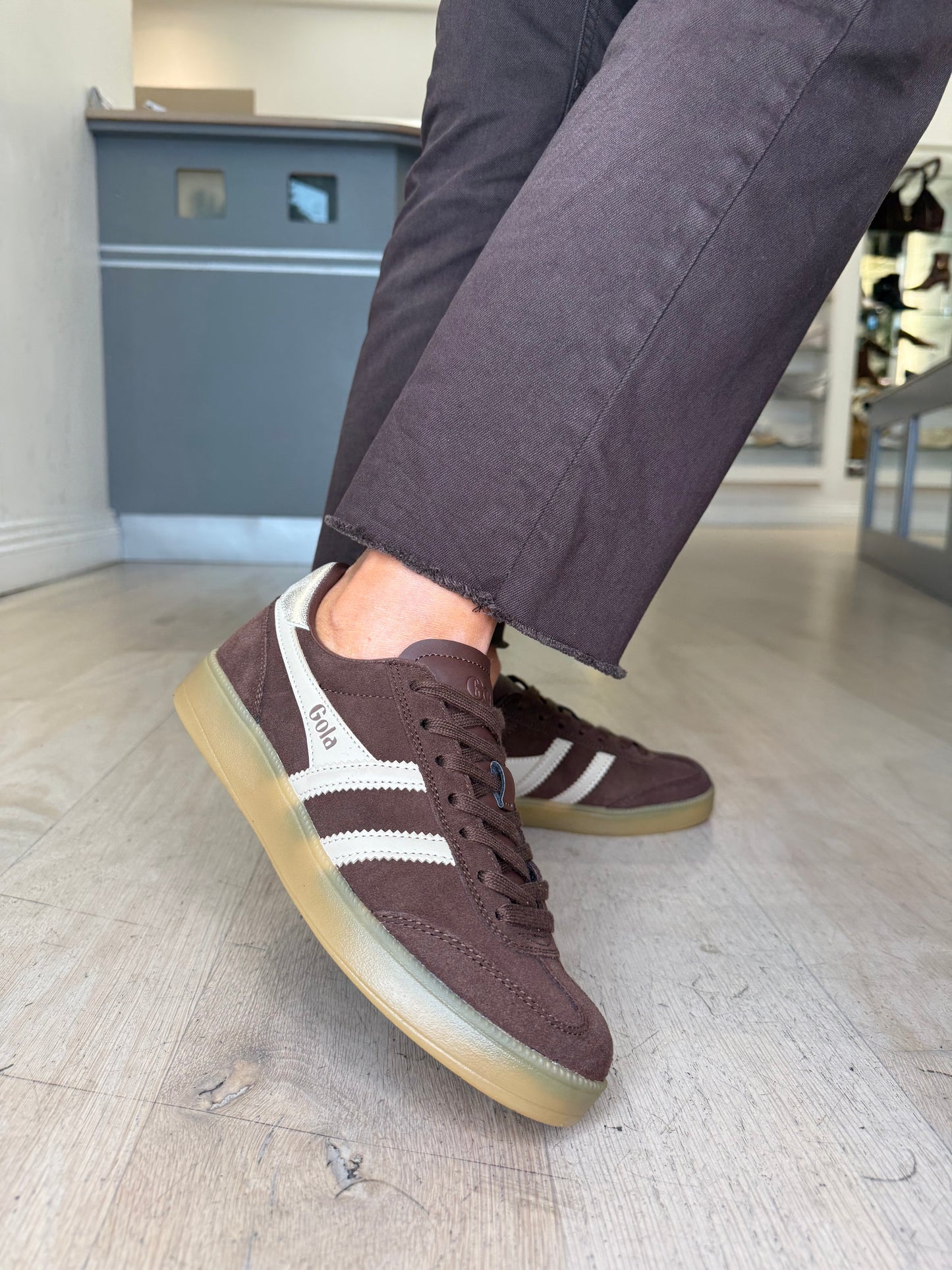 Gola -Viper Rich Brown Suede Trainer With Bone & Gold Coloured Trim