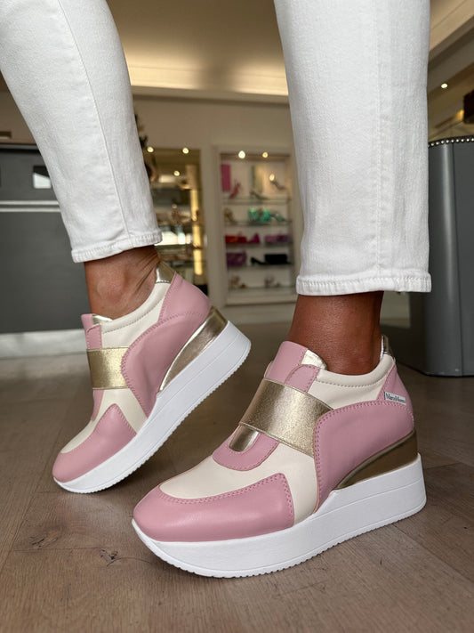 Marco Moreo - Alene Soft Candy Pink & Cream Slip On Wedge Shoe With Gold Trim