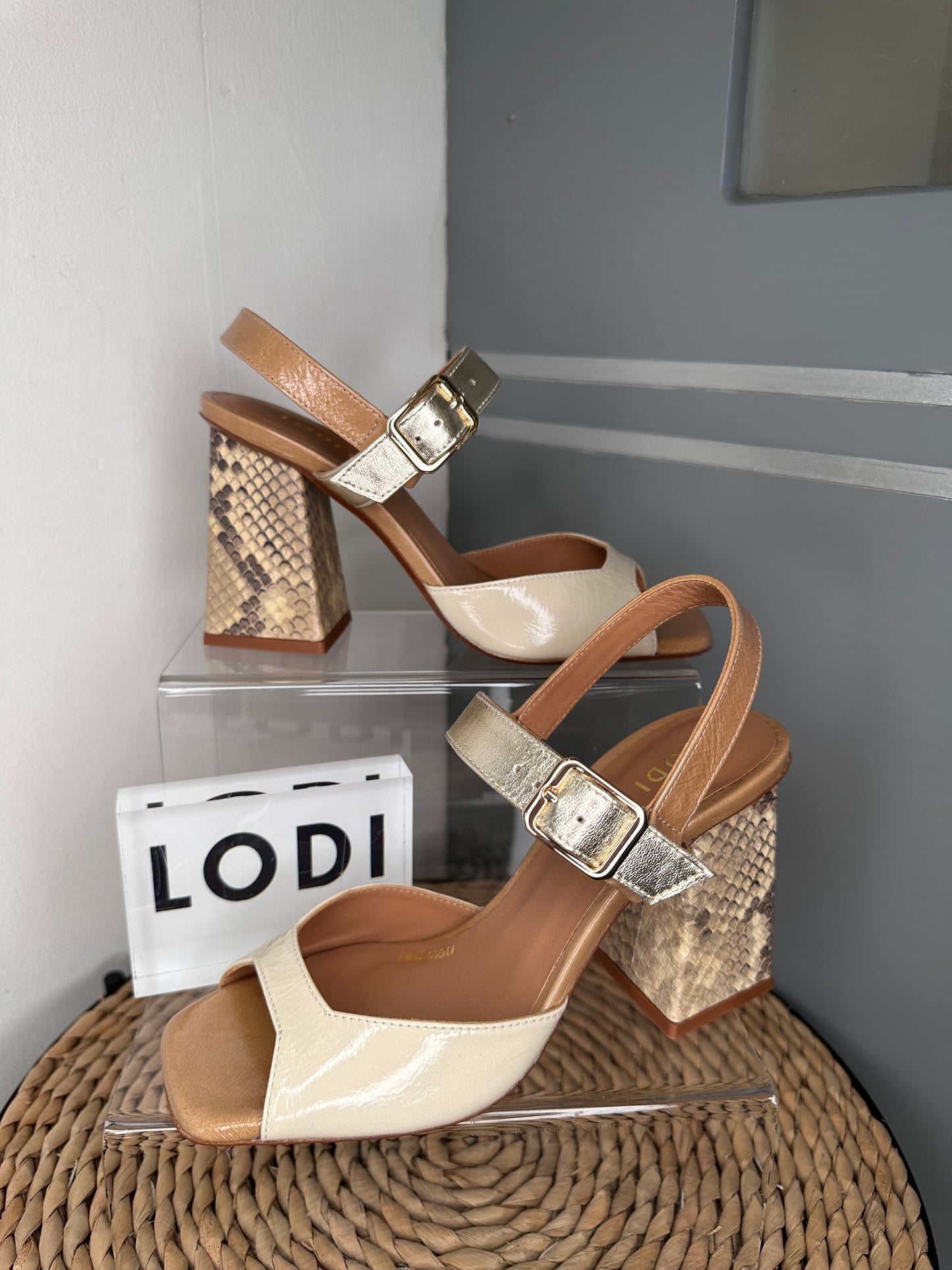 Lodi (Love) Cream Snake Print Block Heel Sandal