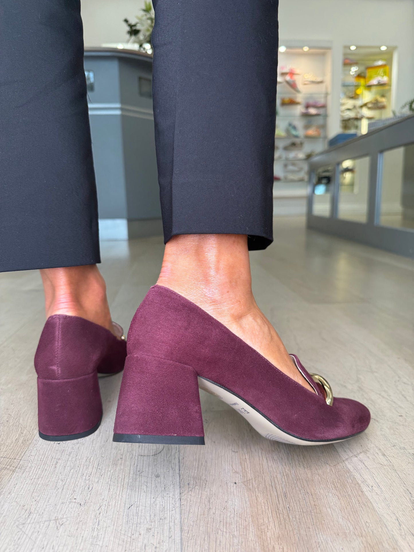 Emis - Burgundy Suede Pointy Toe Shoe With Block Heel & Gold Trim