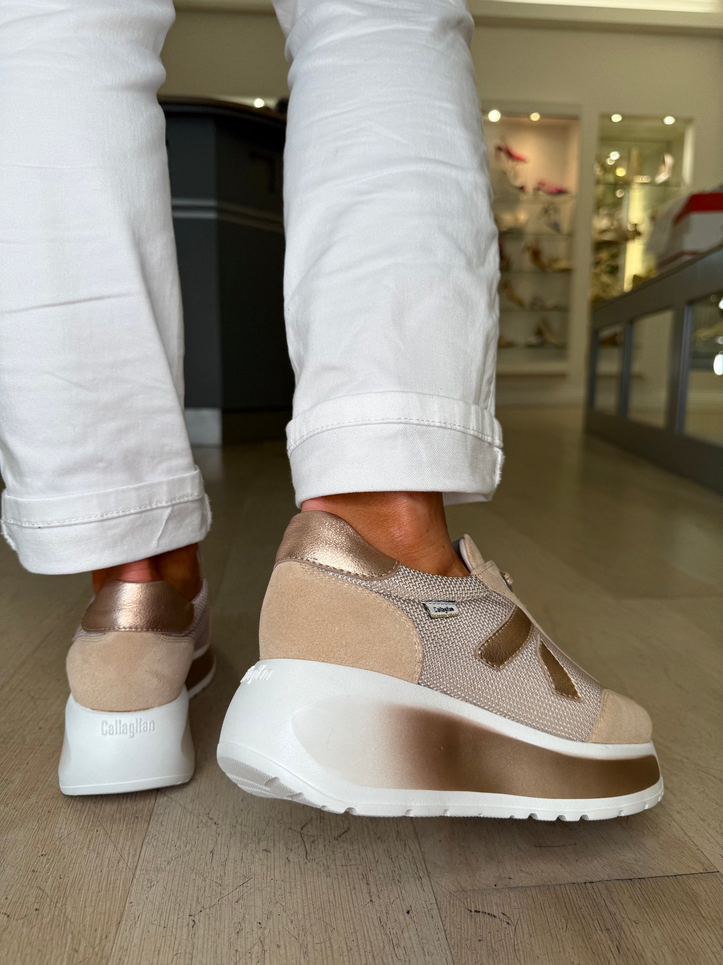 Callaghan - Sand Suede Lace Up Shoe With Rose Gold  Metallic Trim