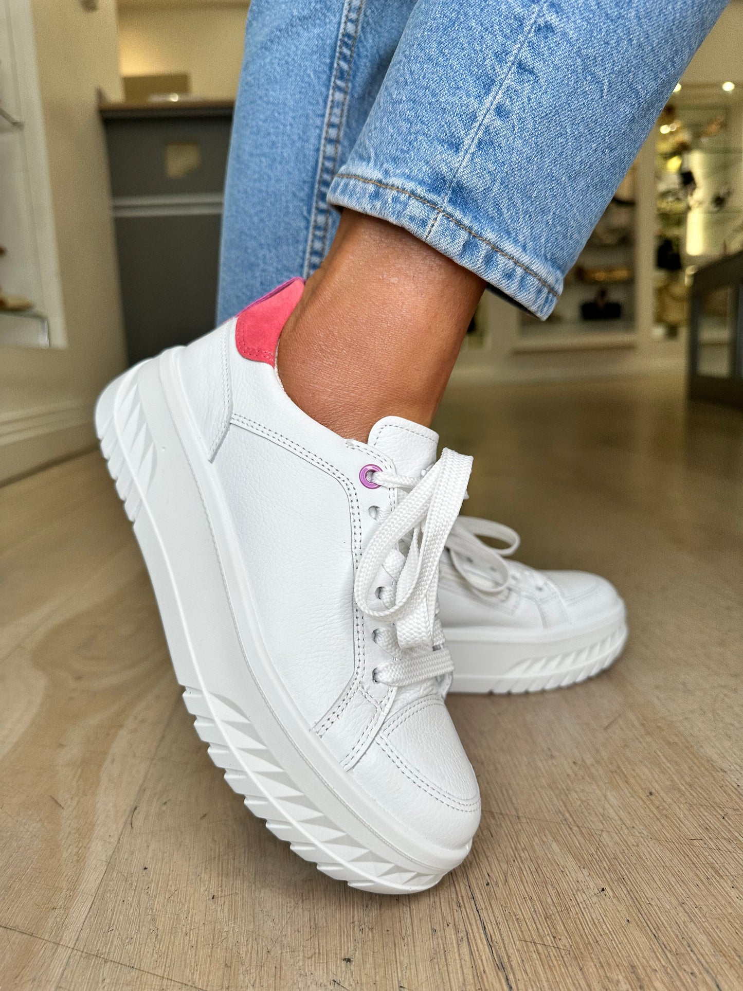 Ara - White Leather Chunky Sole Trainer With Raspberry & Hot Pink Suede Trim