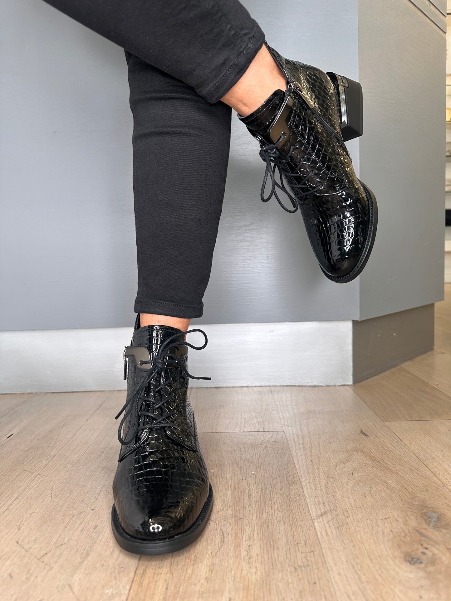 Loretta Vitale - Black Mock Croc Flexy Patent Leather Boot