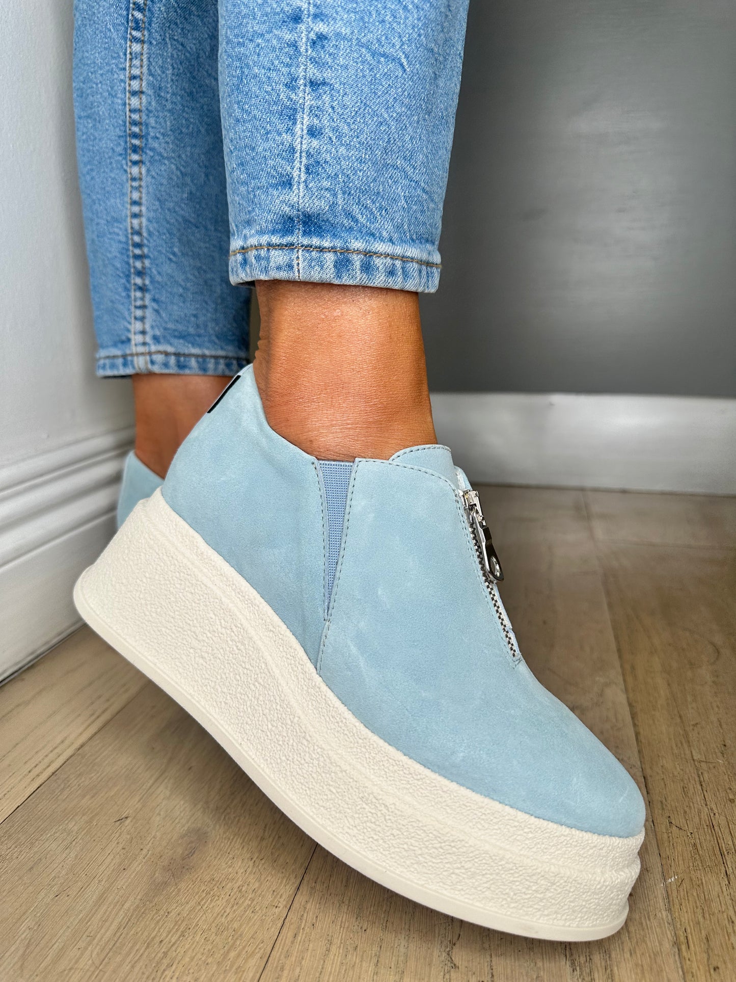 Marco Moreo - Sky Blue Suede Chunky Sole Shoe With Silver Zip