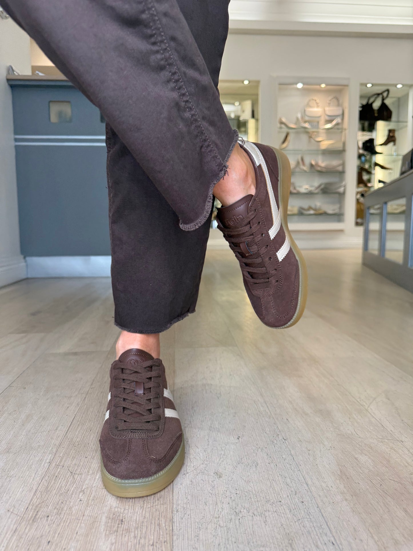 Gola -Viper Rich Brown Suede Trainer With Bone & Gold Coloured Trim
