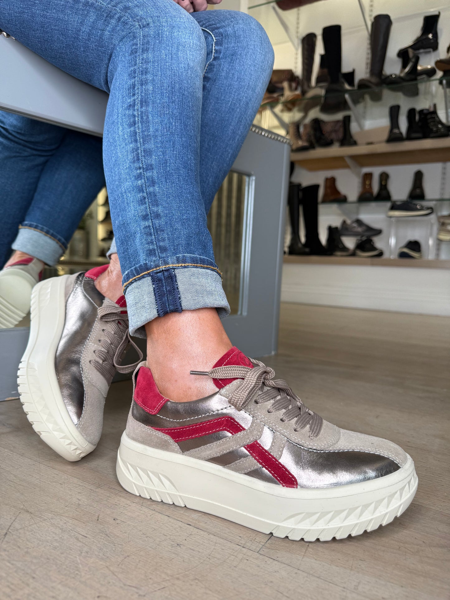 Ara - Soft Metallic Bronze/ Taupe & Red Suede Flatform Trainer