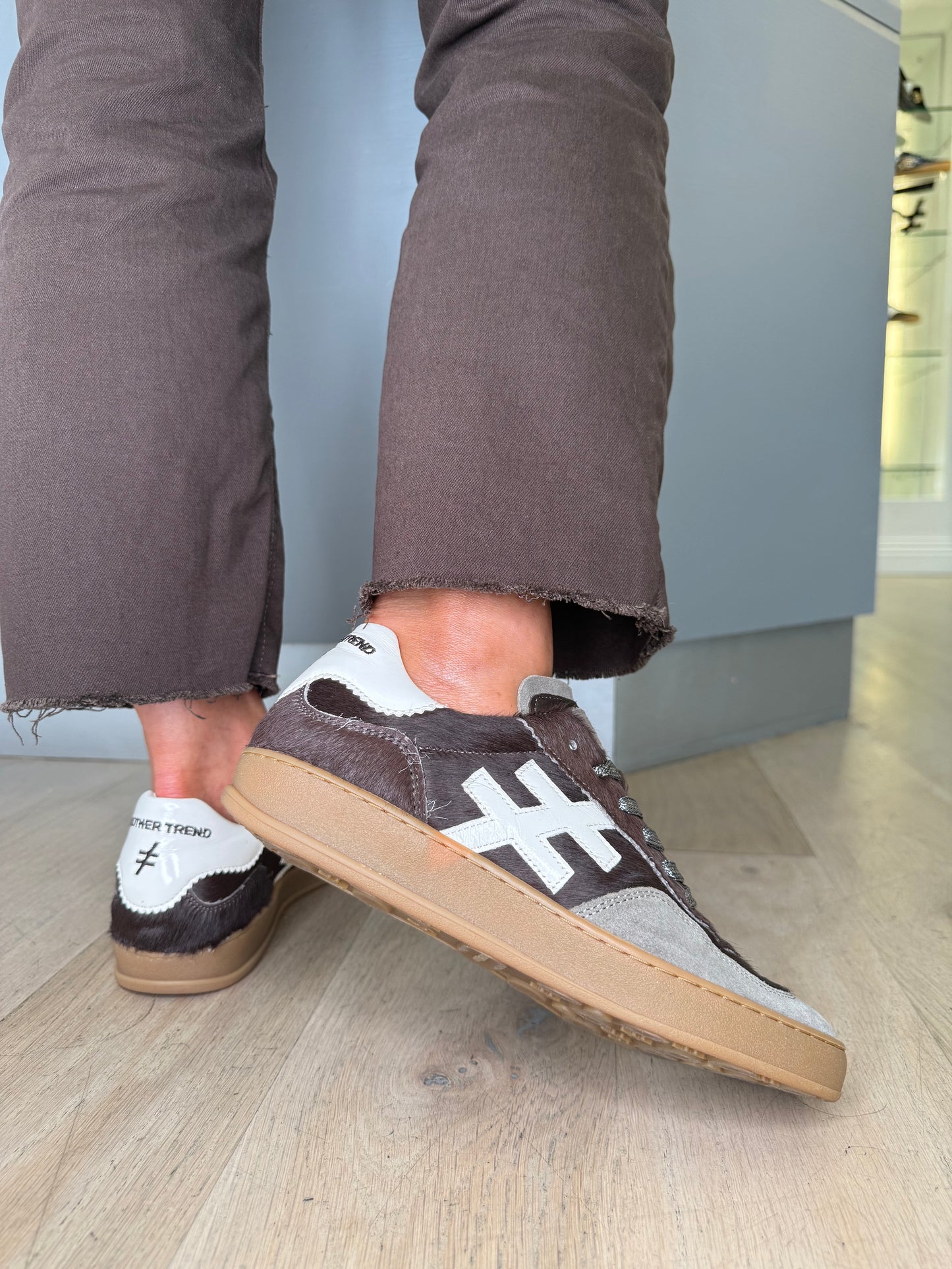 Another Trend -Chocolate Brown Pony Skin Mink Suede Mix Trainer With White Patent Trim
