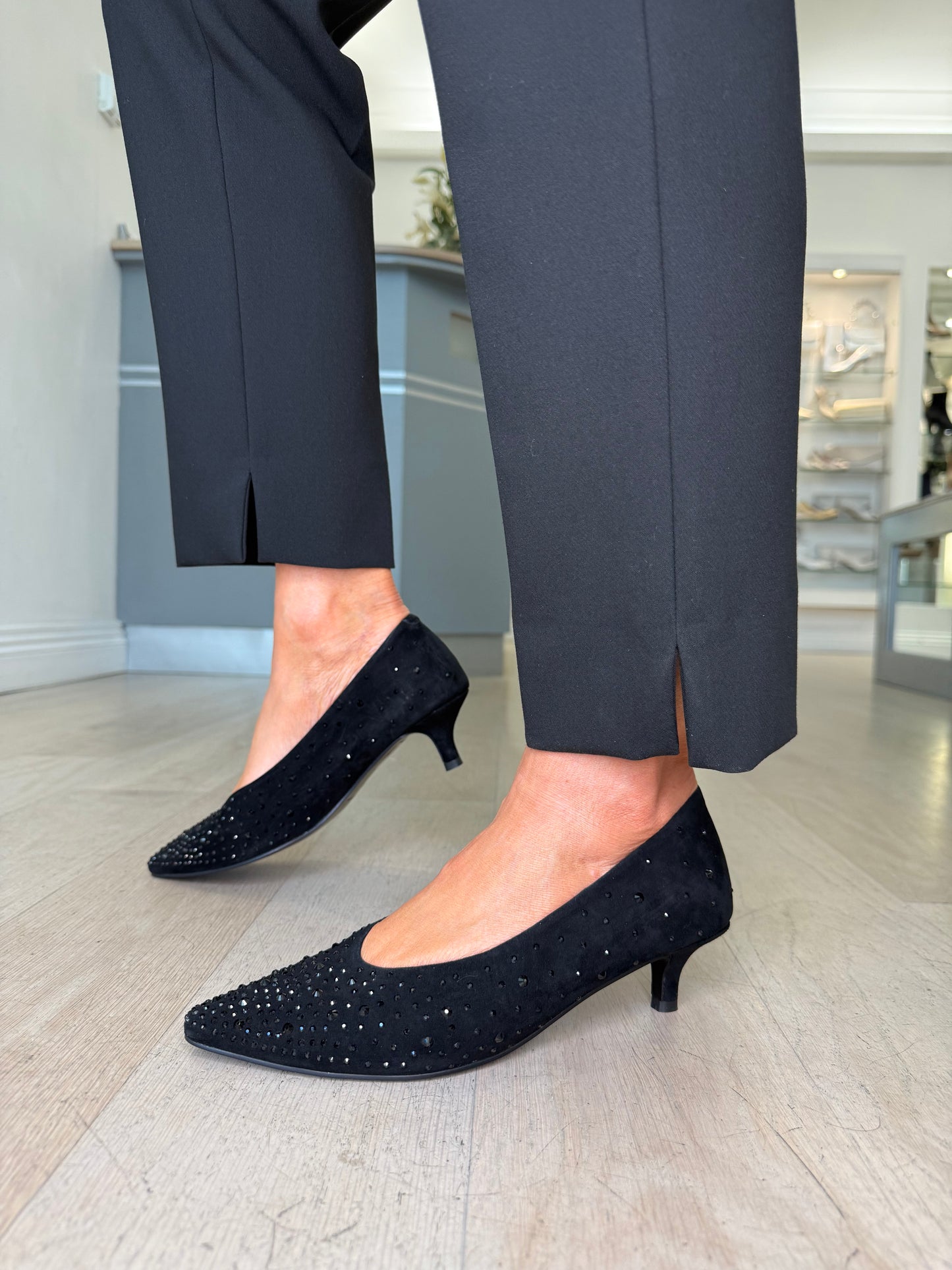 Pedro Anton - Black Suede Pointy Toe Kitten Heel Shoe With Stone Trim