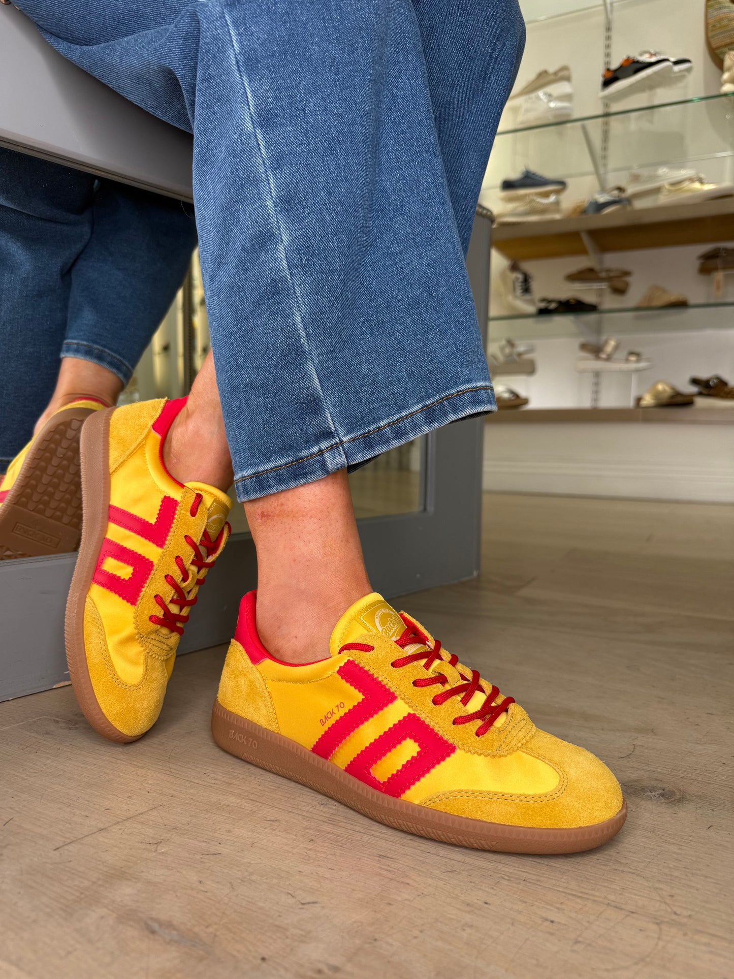 Back 70 - Yellow Satin & Suede Red Trim Trainer