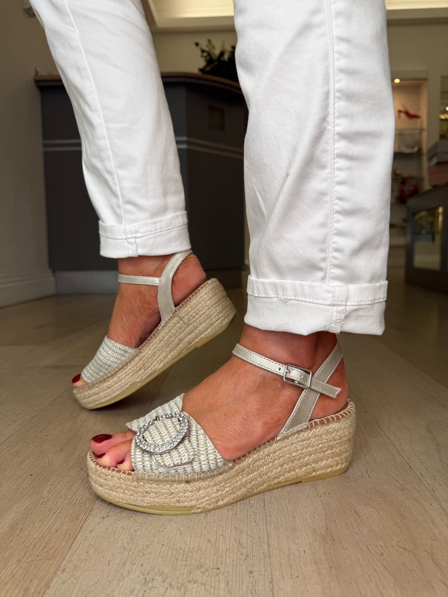Viguera - Soft Silver Espadrille Wedge With Diamante Buckle Trim