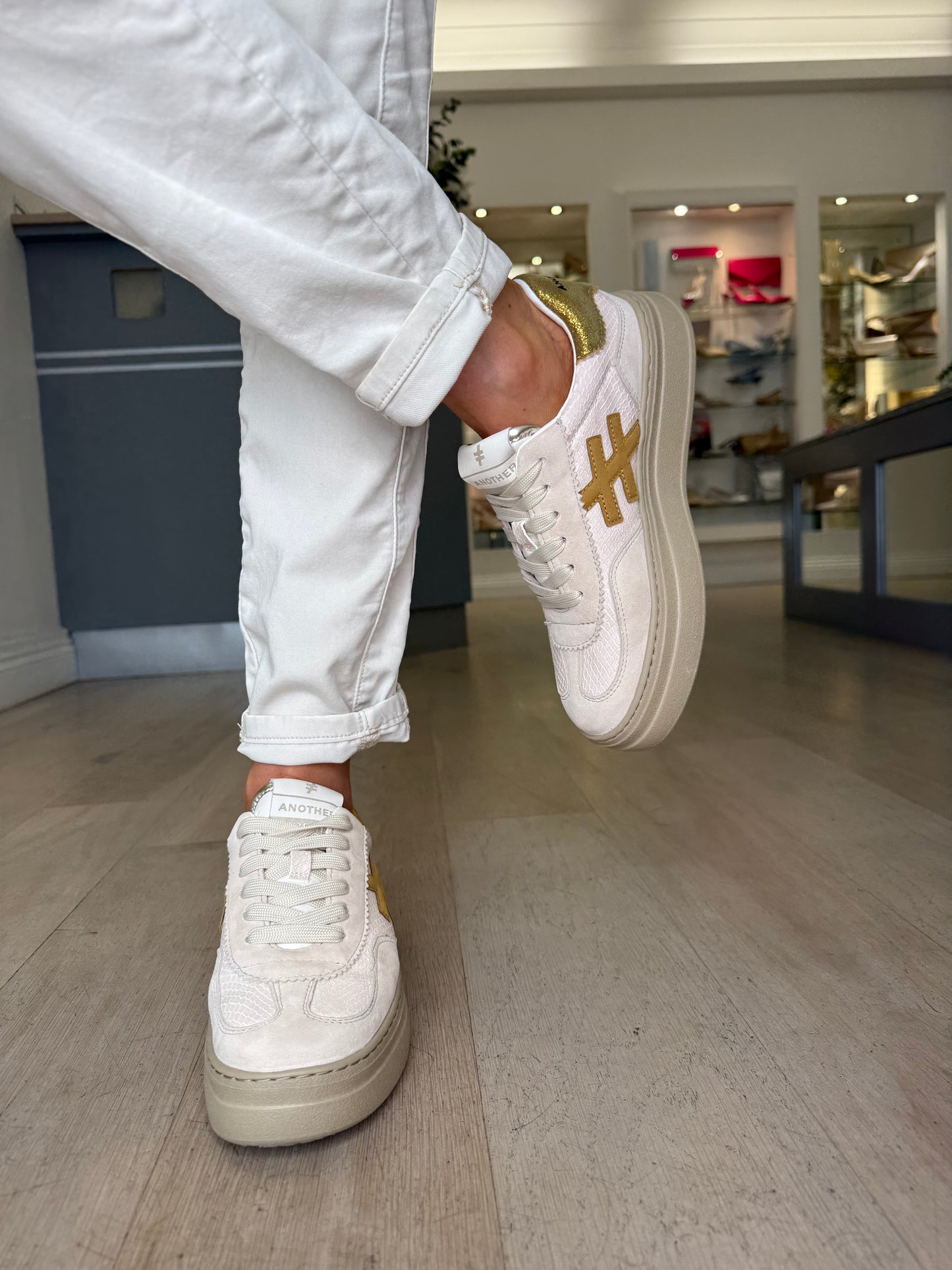 Another Trend - Beige Suede/ Snake Print Flatform Chunky Trainer With Yellow/Gold Trim