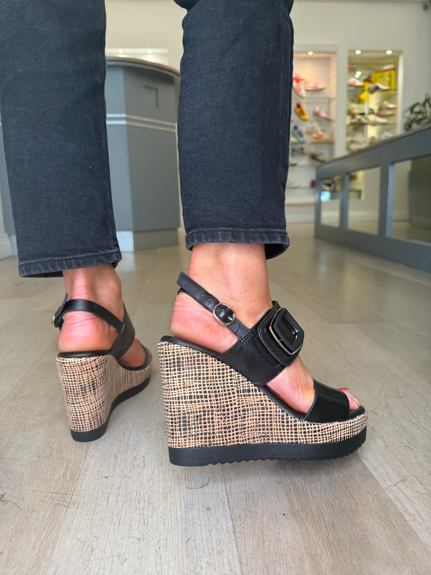 Repo - Black Leather 2 Strap High Wedge Sandal With Velcro Strap & Platform Sole