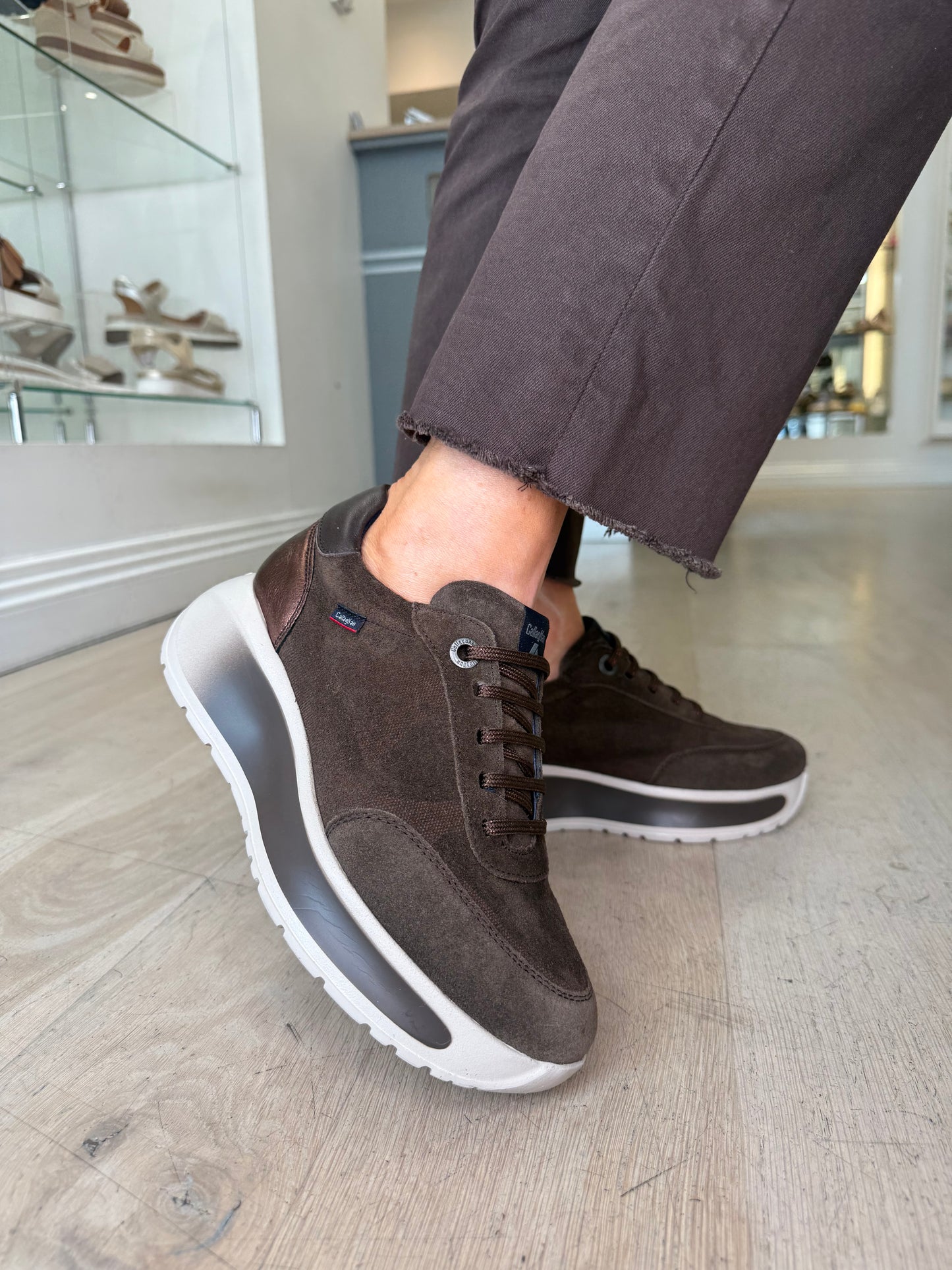 Callaghan - Chocolate Brown Suede Lace Up Chunky Sole Trainer With Bronze Trim