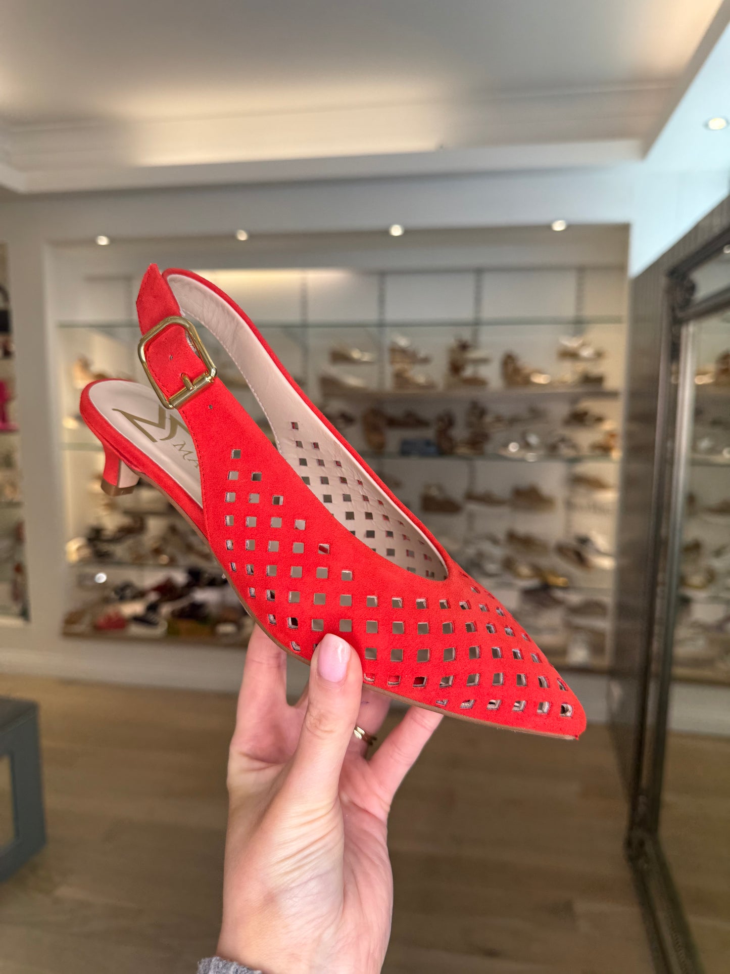Marian - Red Suede Pointy Toe Perforated Slingback Shoe With Low Heel