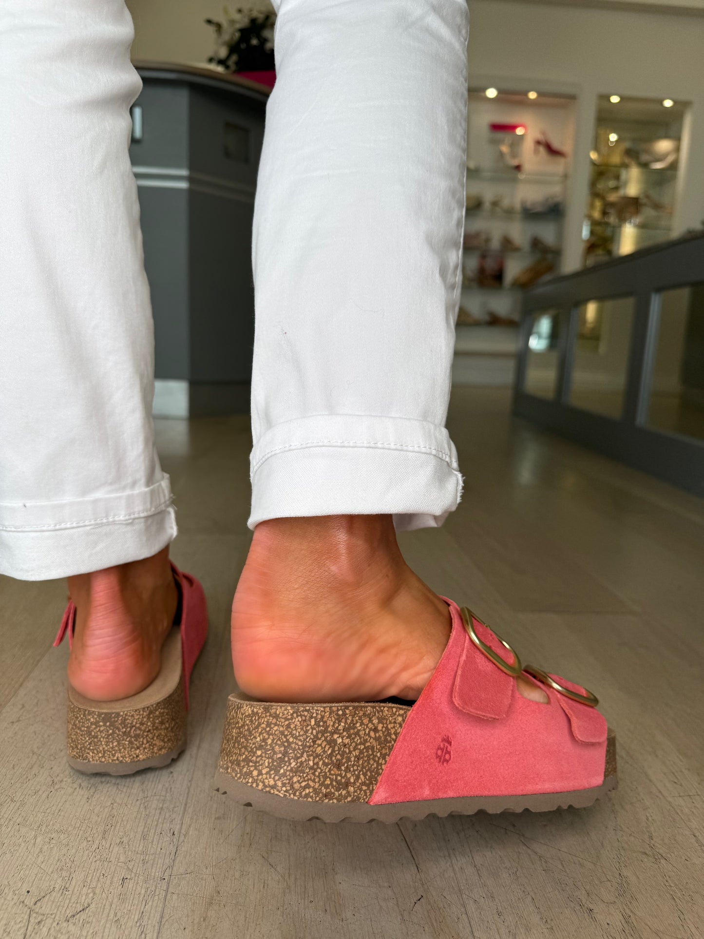 Yokono -Coral Suede 2 Strap Chunky Slider With Gold Buckle Trim