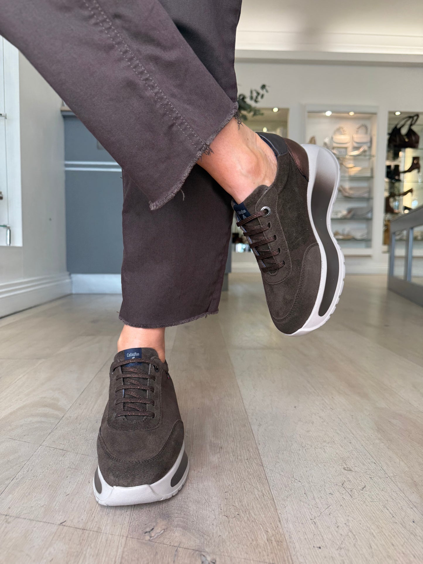 Callaghan - Chocolate Brown Suede Lace Up Chunky Sole Trainer With Bronze Trim