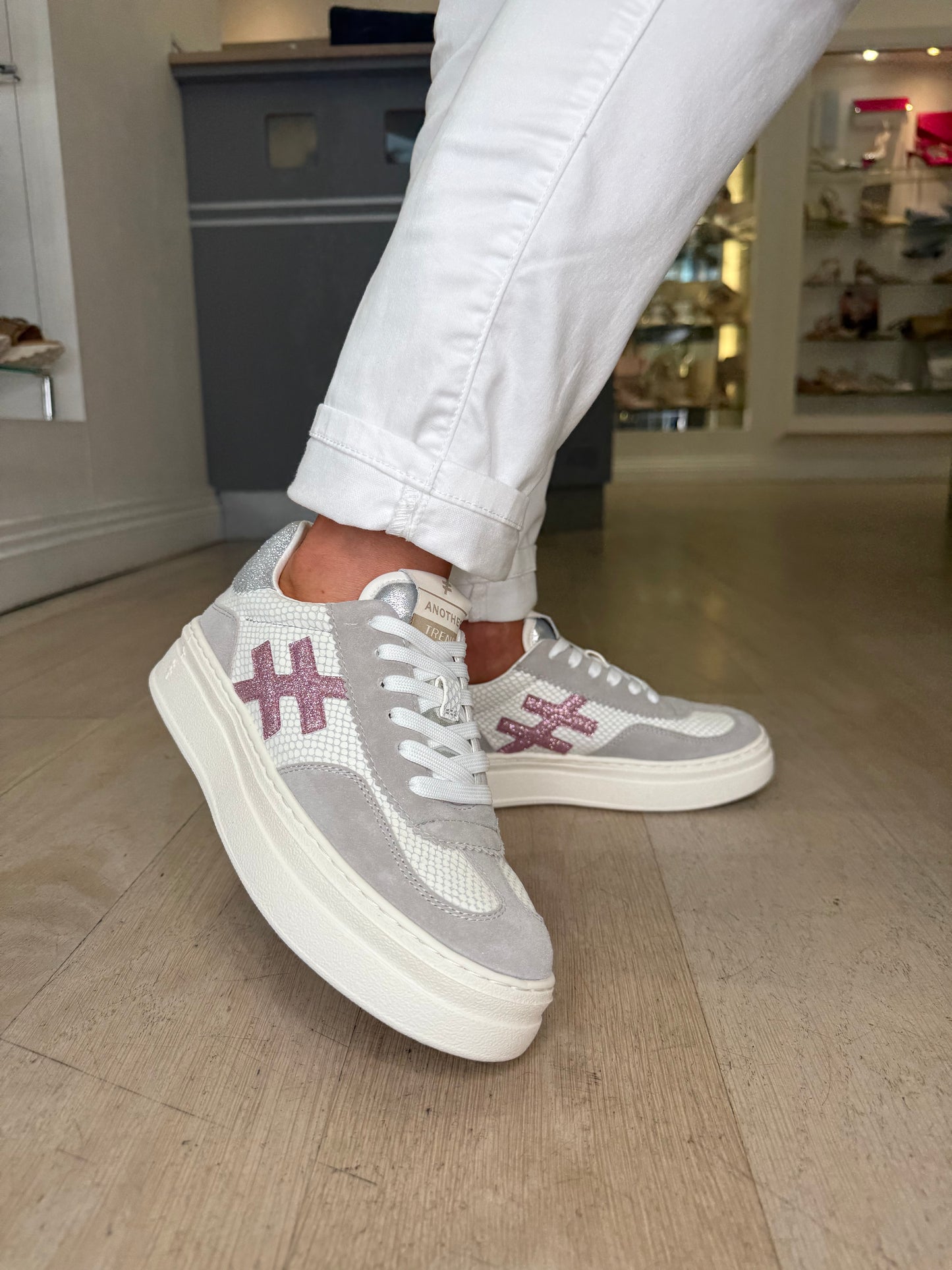 Another Trend - Grey Suede/ Snake Print Flatform Chunky Trainer With Sparkle Pink & Silver Trim