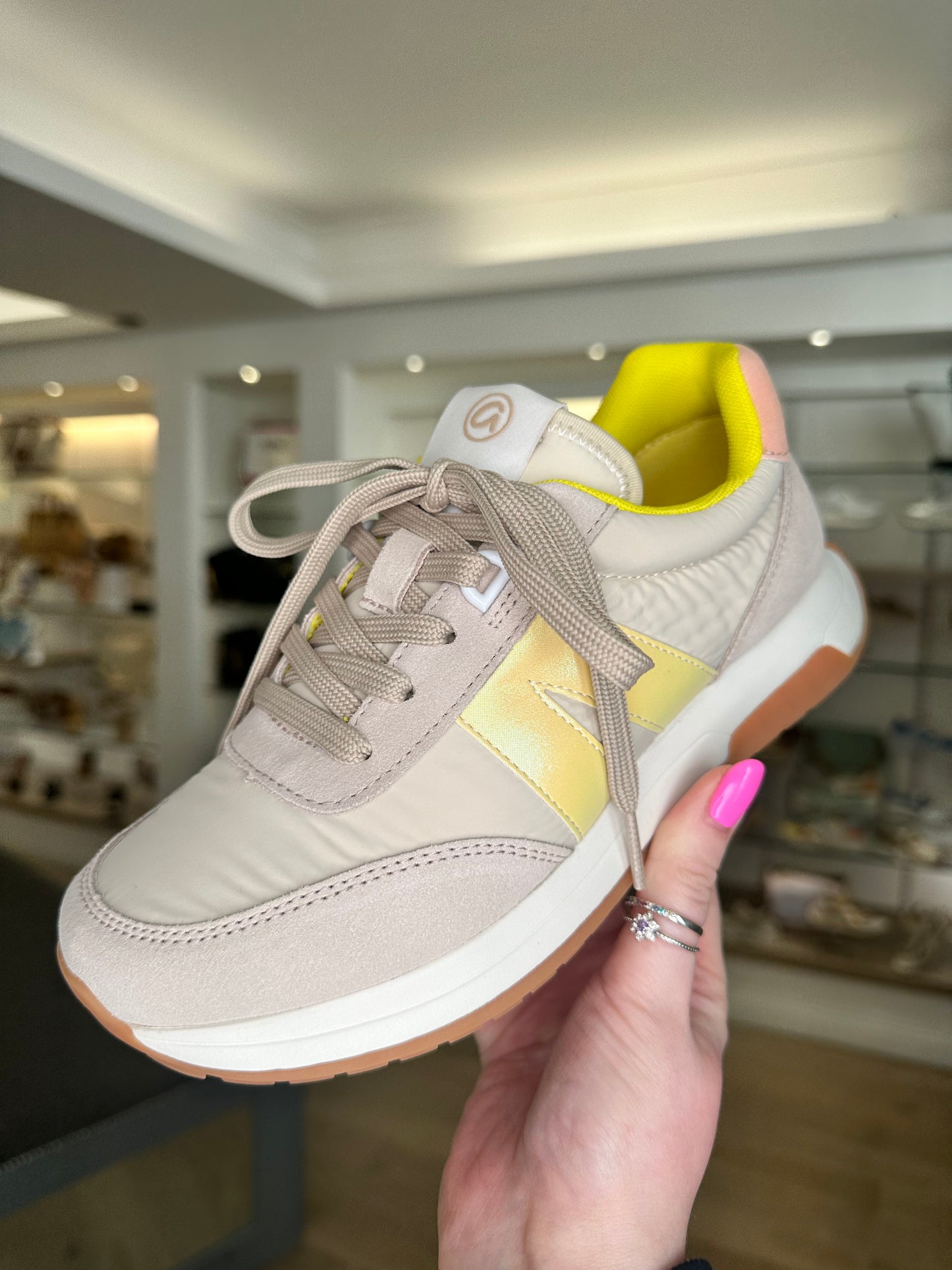 Ara - Soft Beige Canvas / Suede Trainer With Yellow Trim