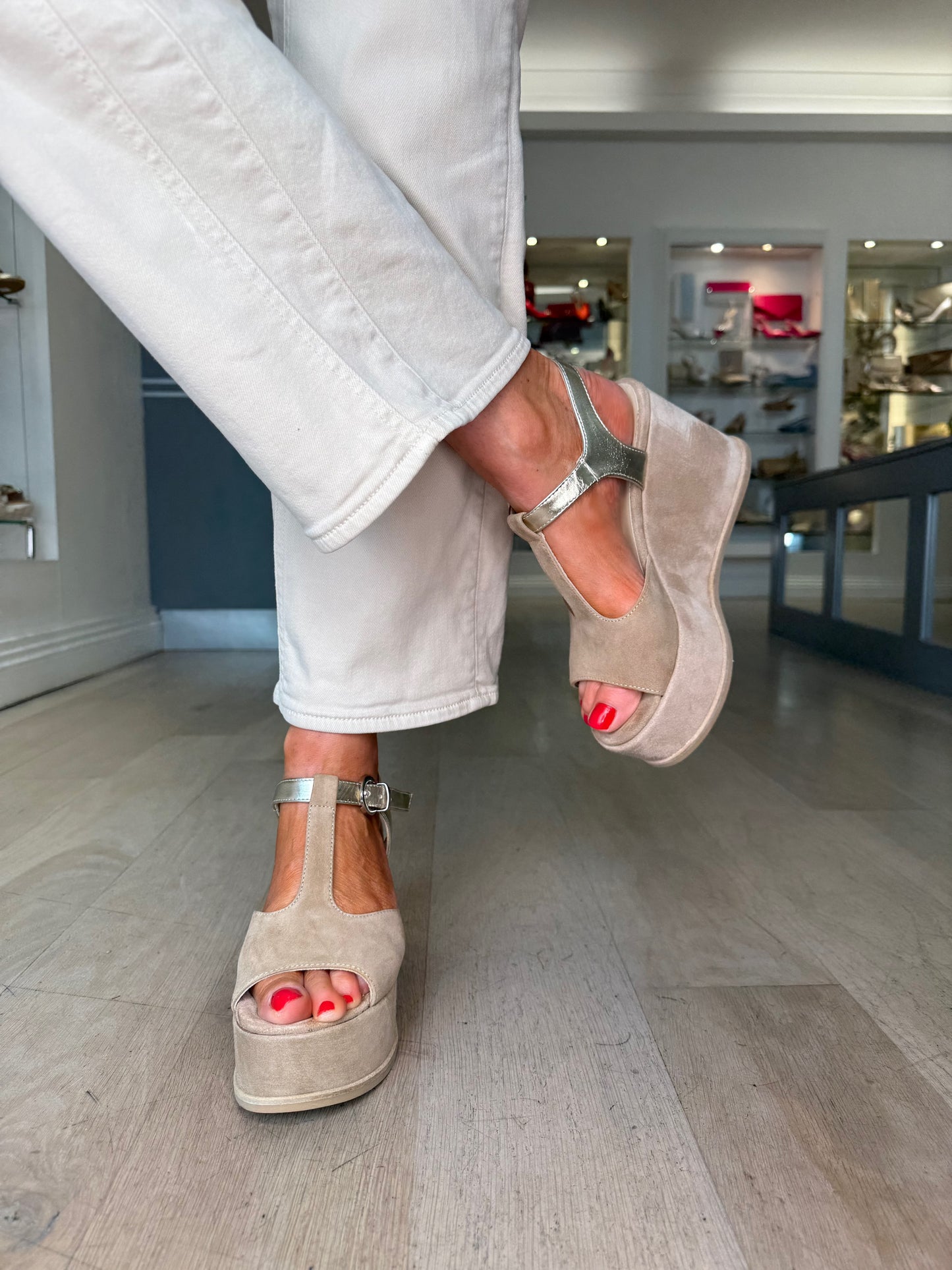 Marco Moreo -Allegra Rich Beige Suede T-Bar Wedge Sandal With Metallic Gold Trim