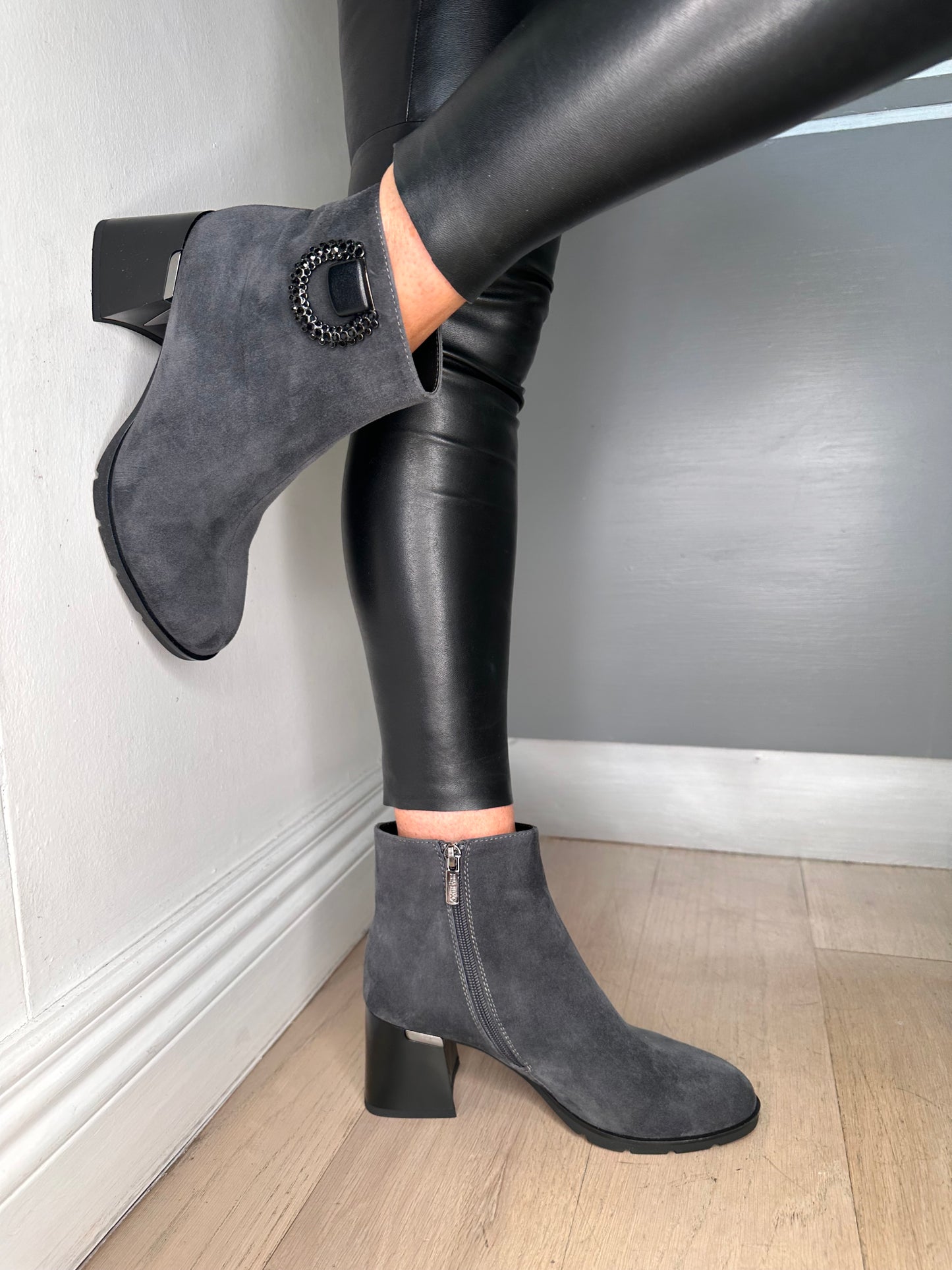 Loretta Vitale -Grey Suede Boot With Black Block Heel Boot