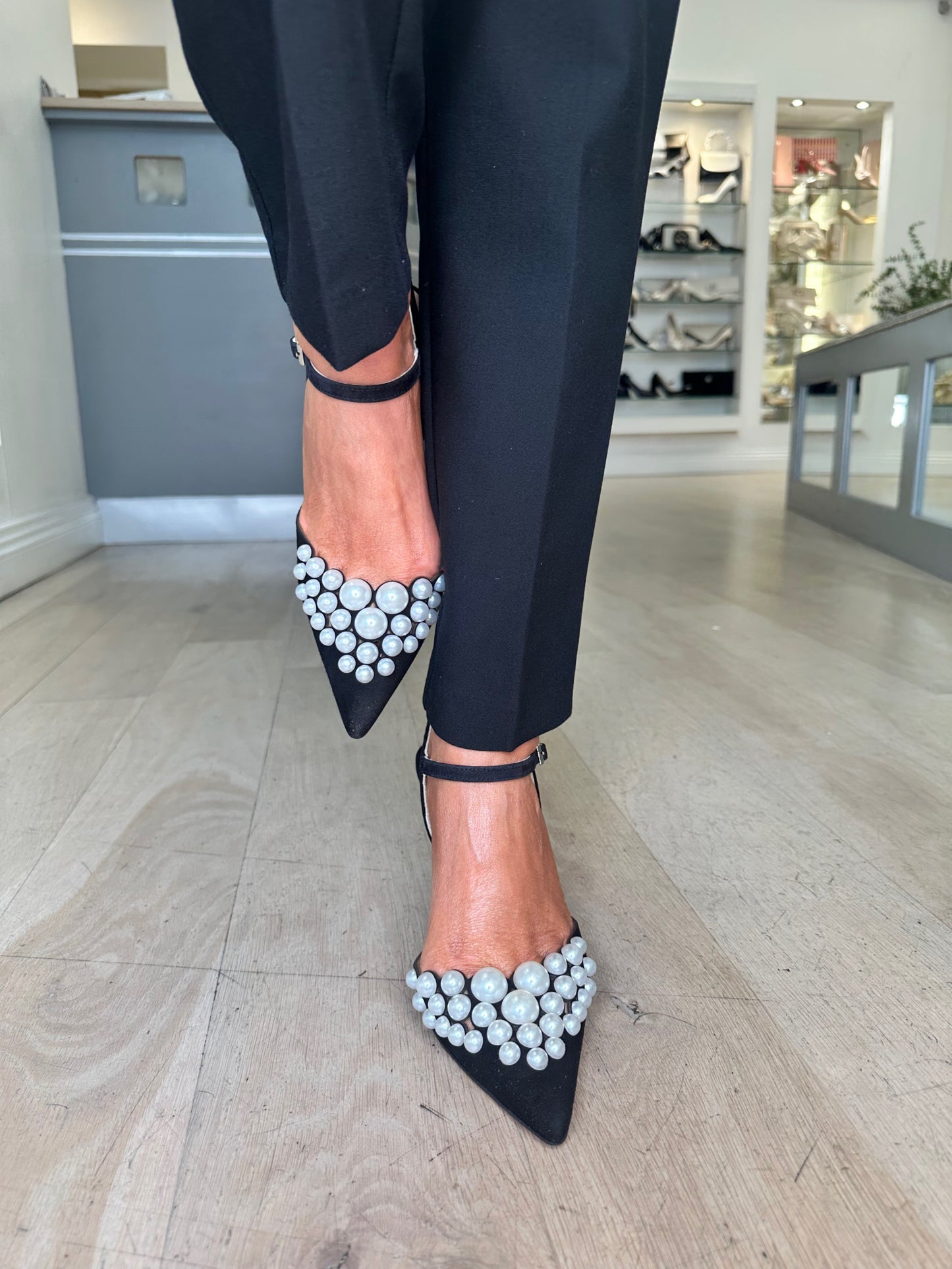 Marian - Black Suede Pointy Toe Heels With Pearl Trim