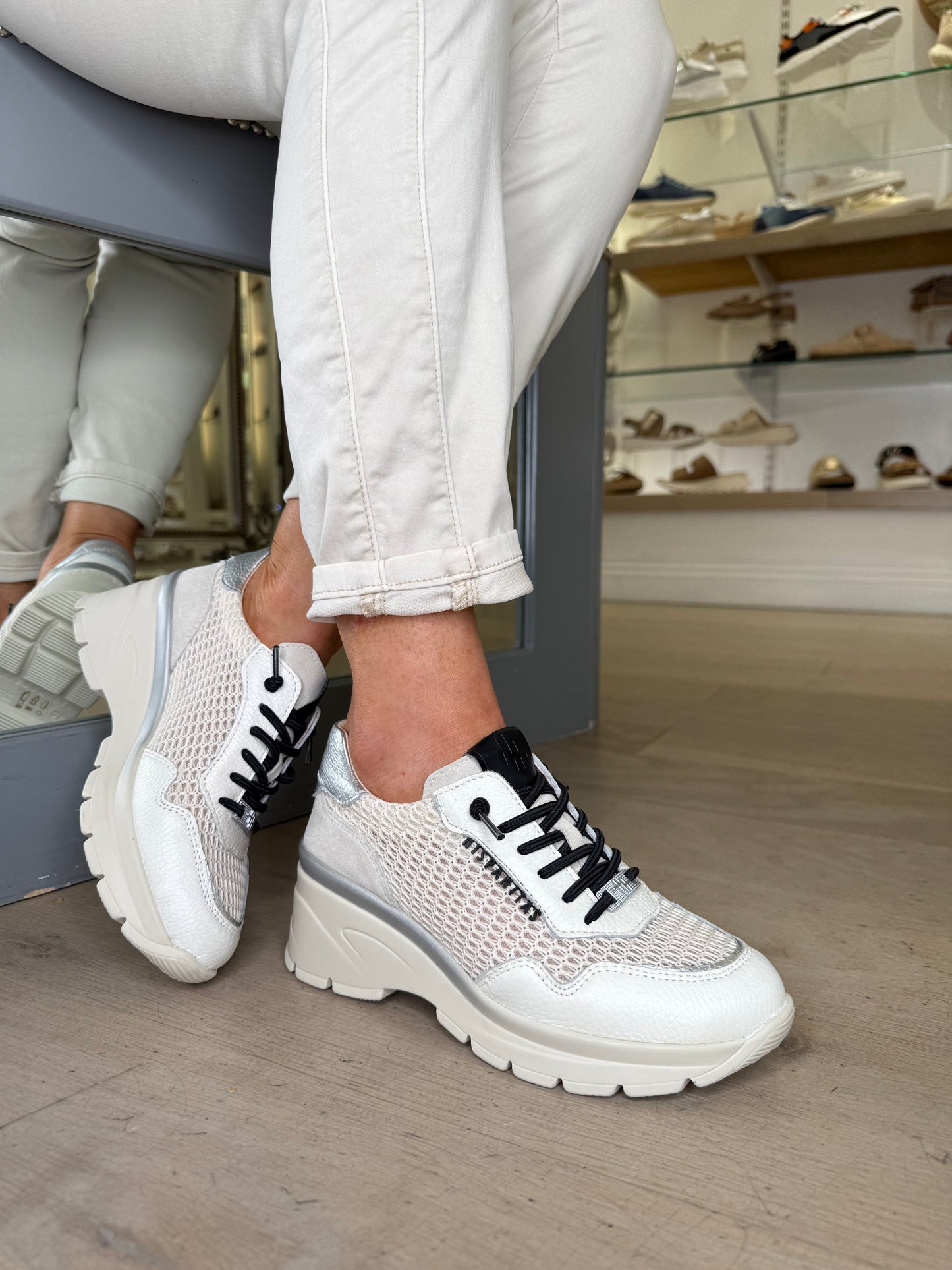 Hispanitas - White Leather Trainer With Black Lace & Silver Trim