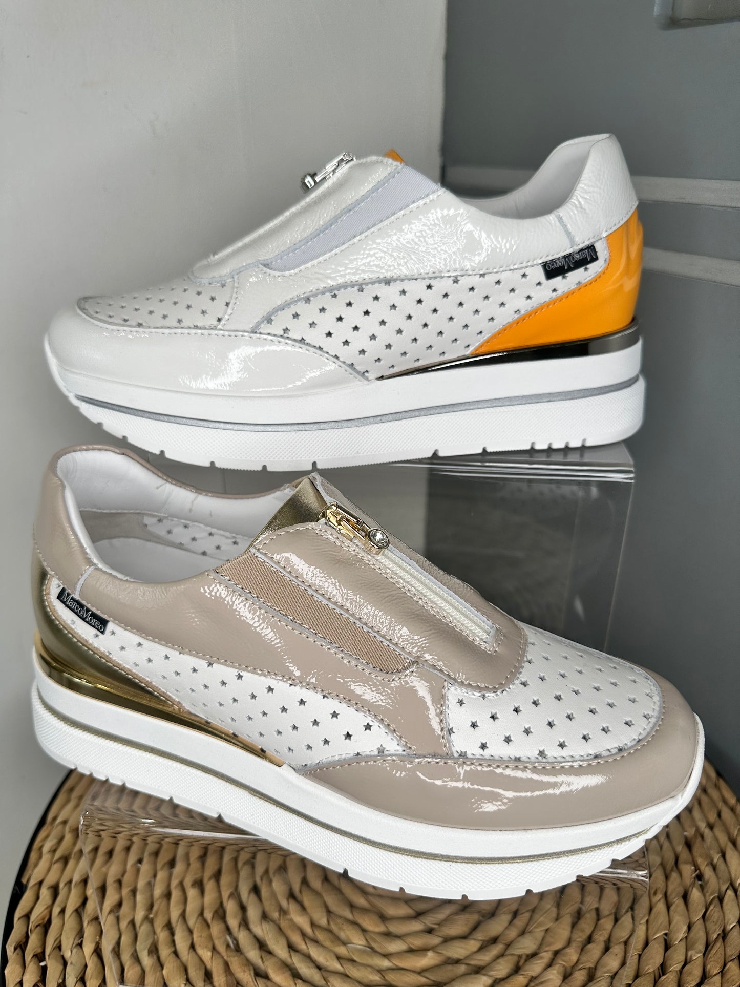 Marco Moreo - White Flexy Patent & Leather Orange Trim Trainer