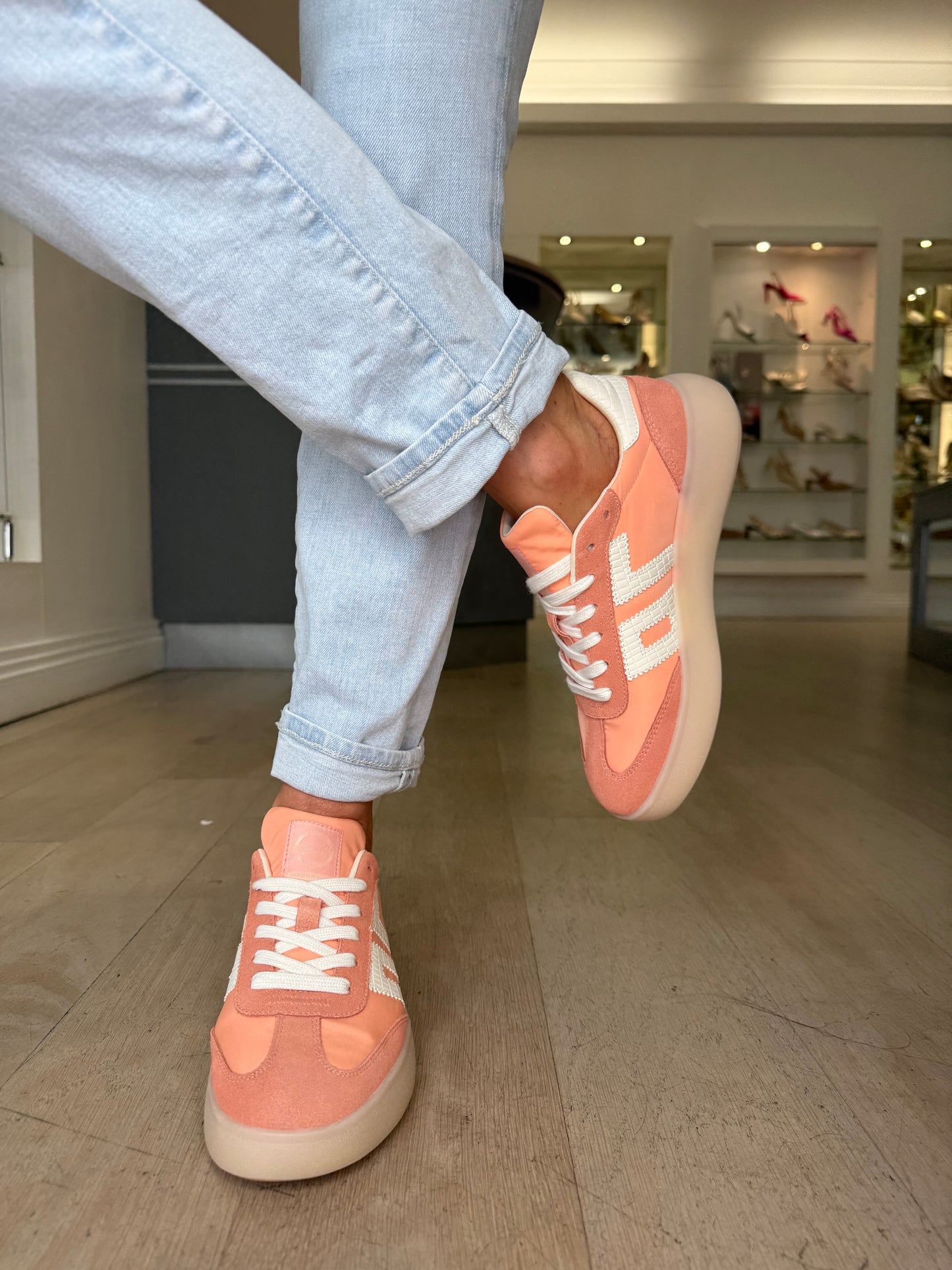 Back 70 - Peach Suede & Fabric Mix Platform Trainer