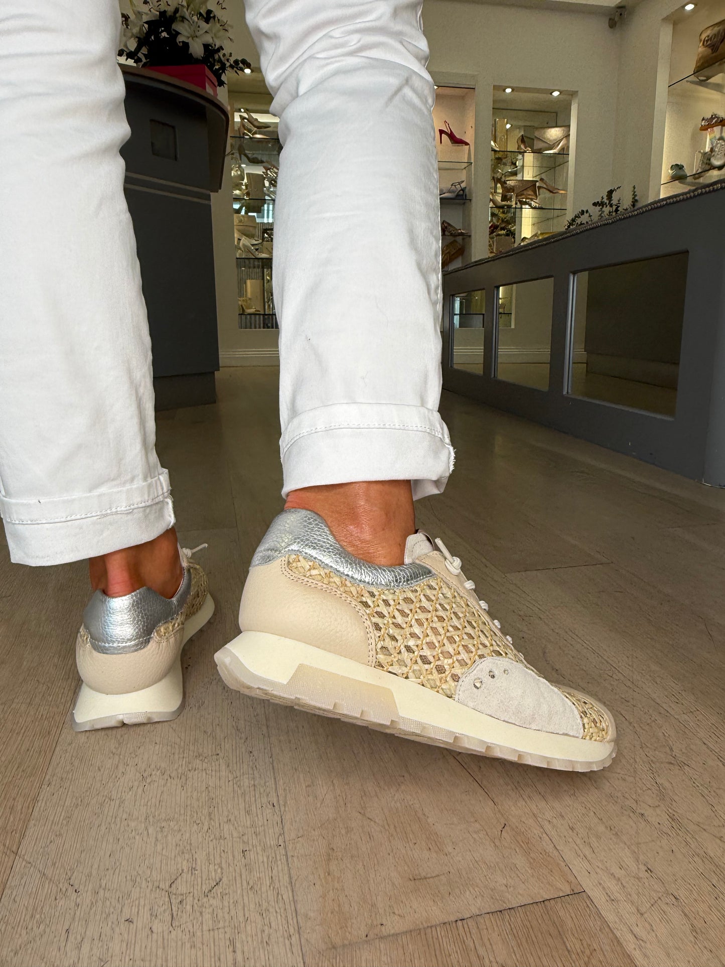 Hispanitas - Cream Weave/ Leather Mix Pull On Trainer With Silver Trim