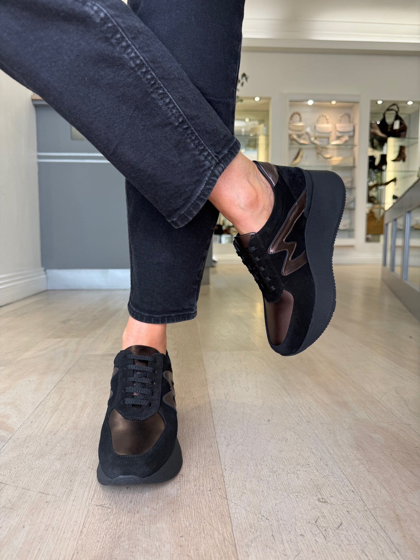 Marco Moreo - Black Suede & Soft Bronze Lace Up Wedge Trainer