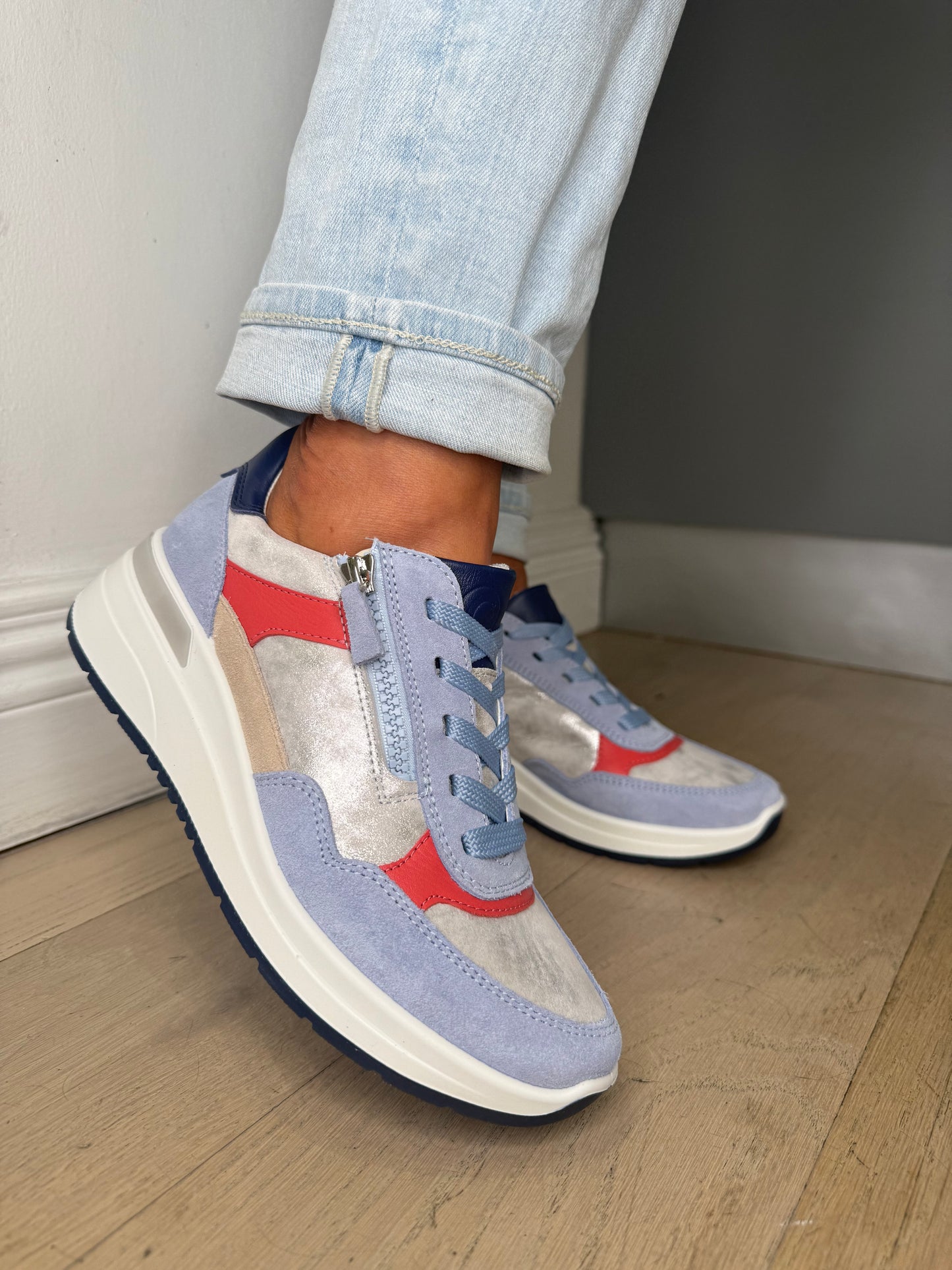Ara - Blue Suede Trainer With Silver Multi Metallic Trim