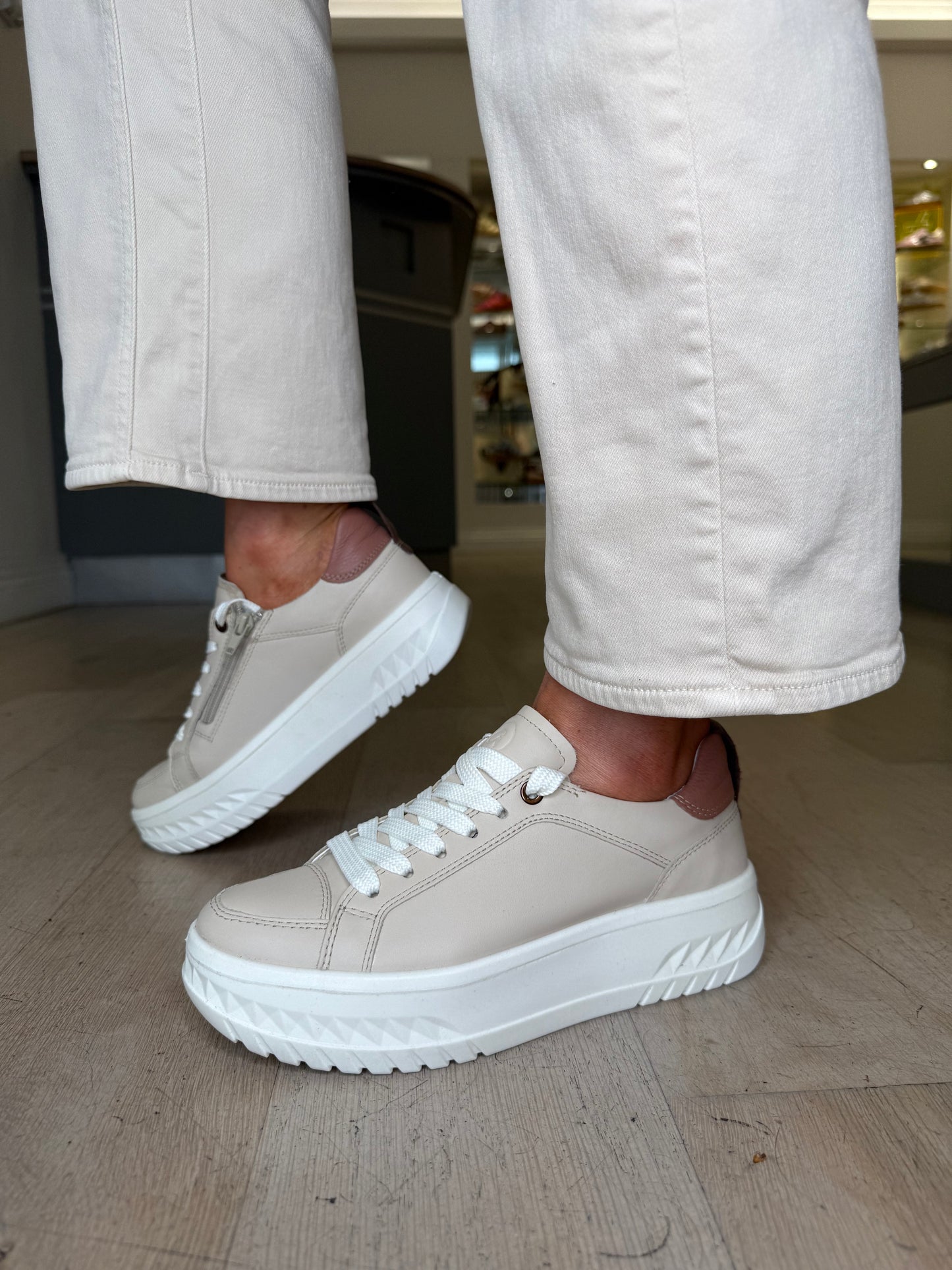 Ara - Taupe Leather Flatform Side Zip Trainer With Soft Brown Trim