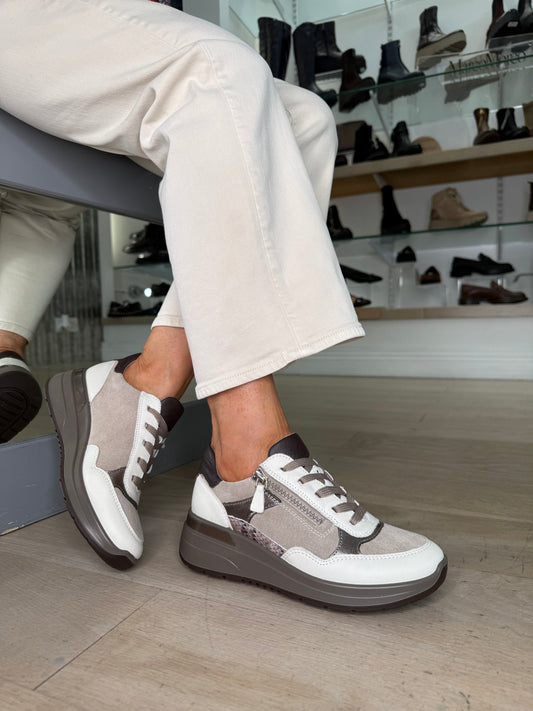 Ara -  Winter Cream & Taupe Suede Mix Lace Up Trainer With Side Zip