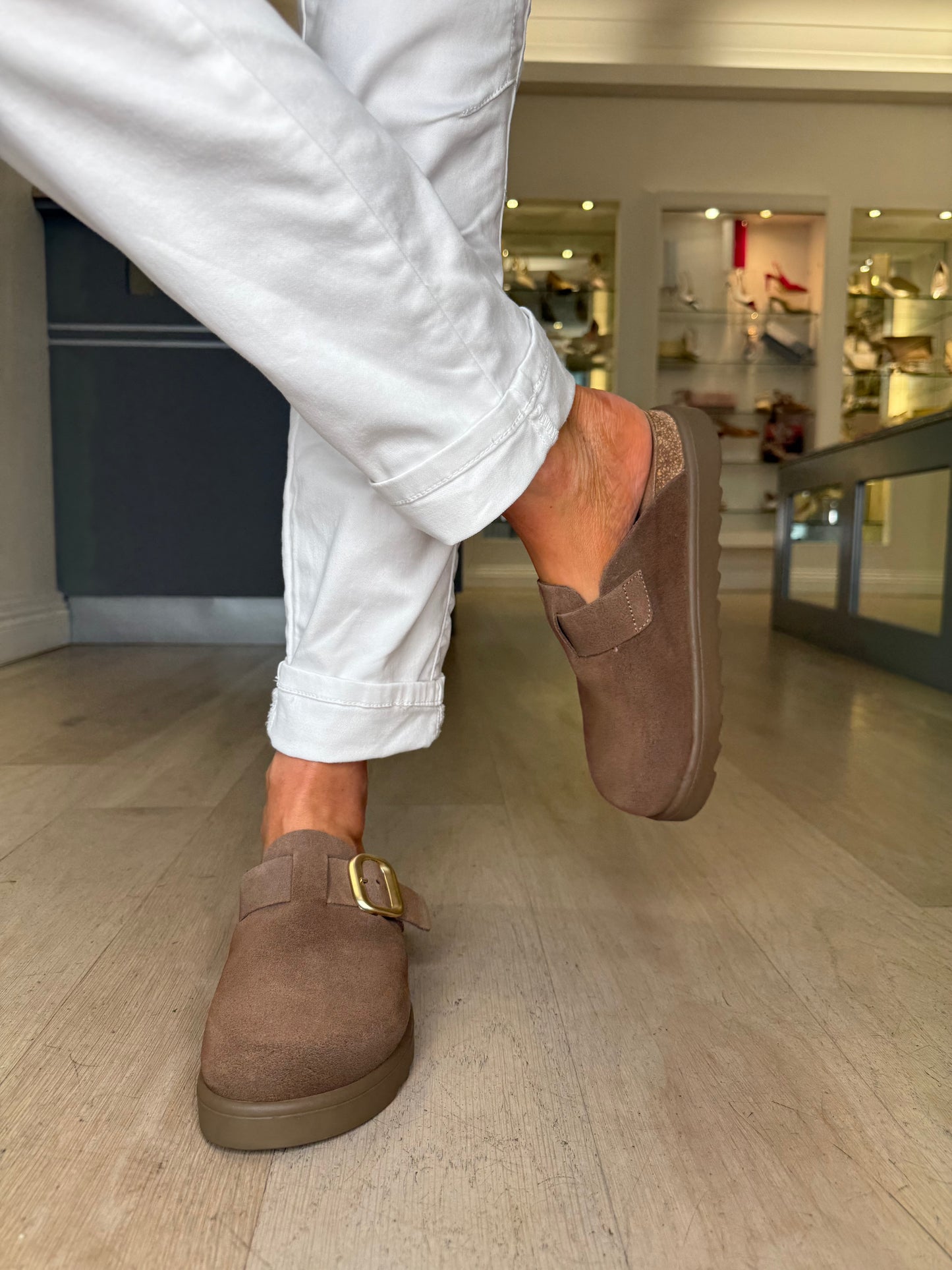 Yokono - Rich Mocha Brown Mule Clog With Matt Gold Buckle Trim