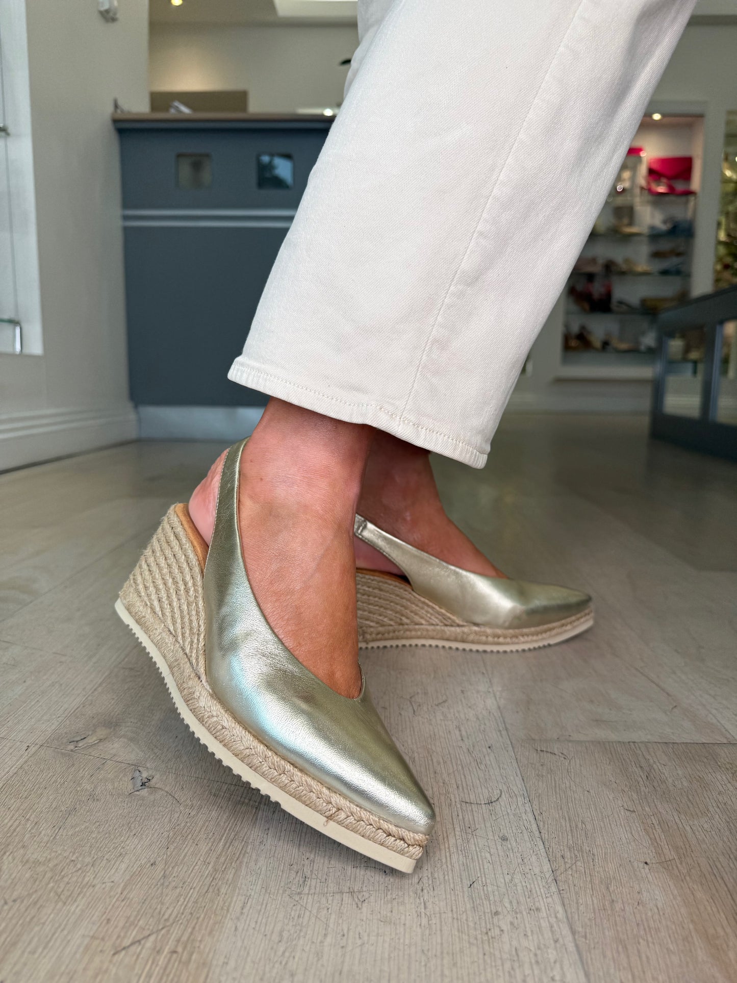 Unisa- Soft Gold Leather Pointy Toe Sling Back Espadrille Wedge