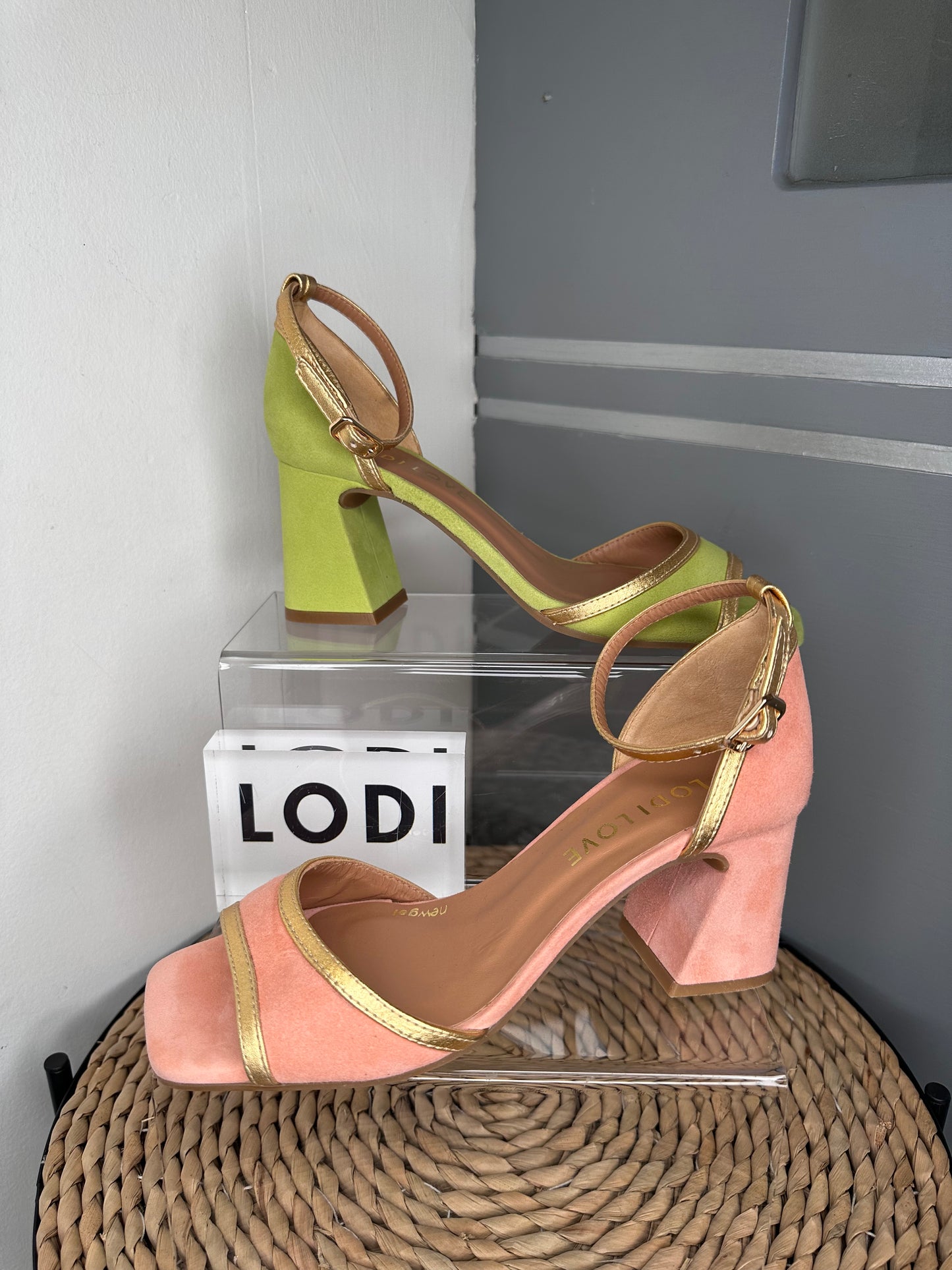 Lodi (Love) - Peach Suede Sandal With Gold Trim & Block Heel