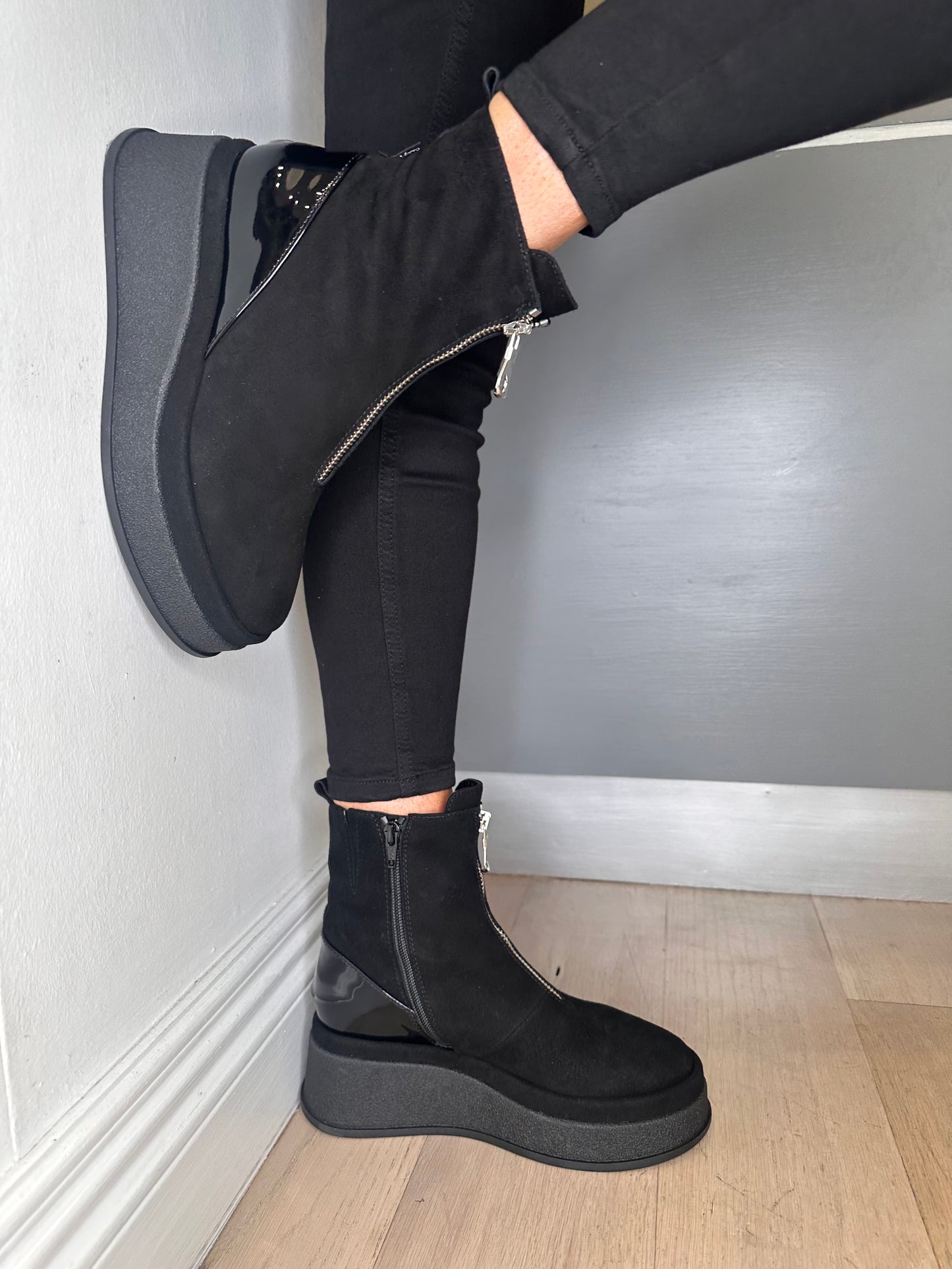 Marco Moreo - Patsy Black Suede Wedge Boot With Silver Zip & Patent Trim Detail