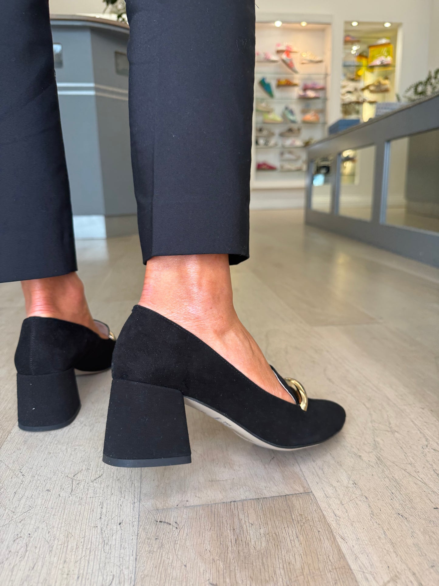 Emis - Black Suede Pointy Toe Shoe With Block Heel & Gold Trim