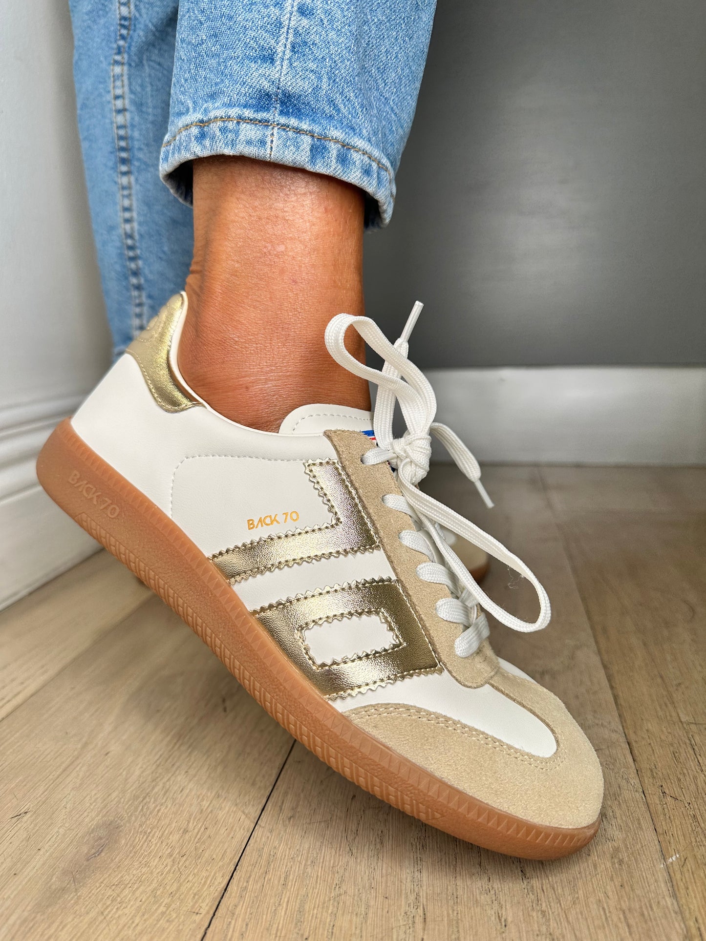 Back 70 - Cloud White / Metallic Gold Trainer With Beige Suede Trim