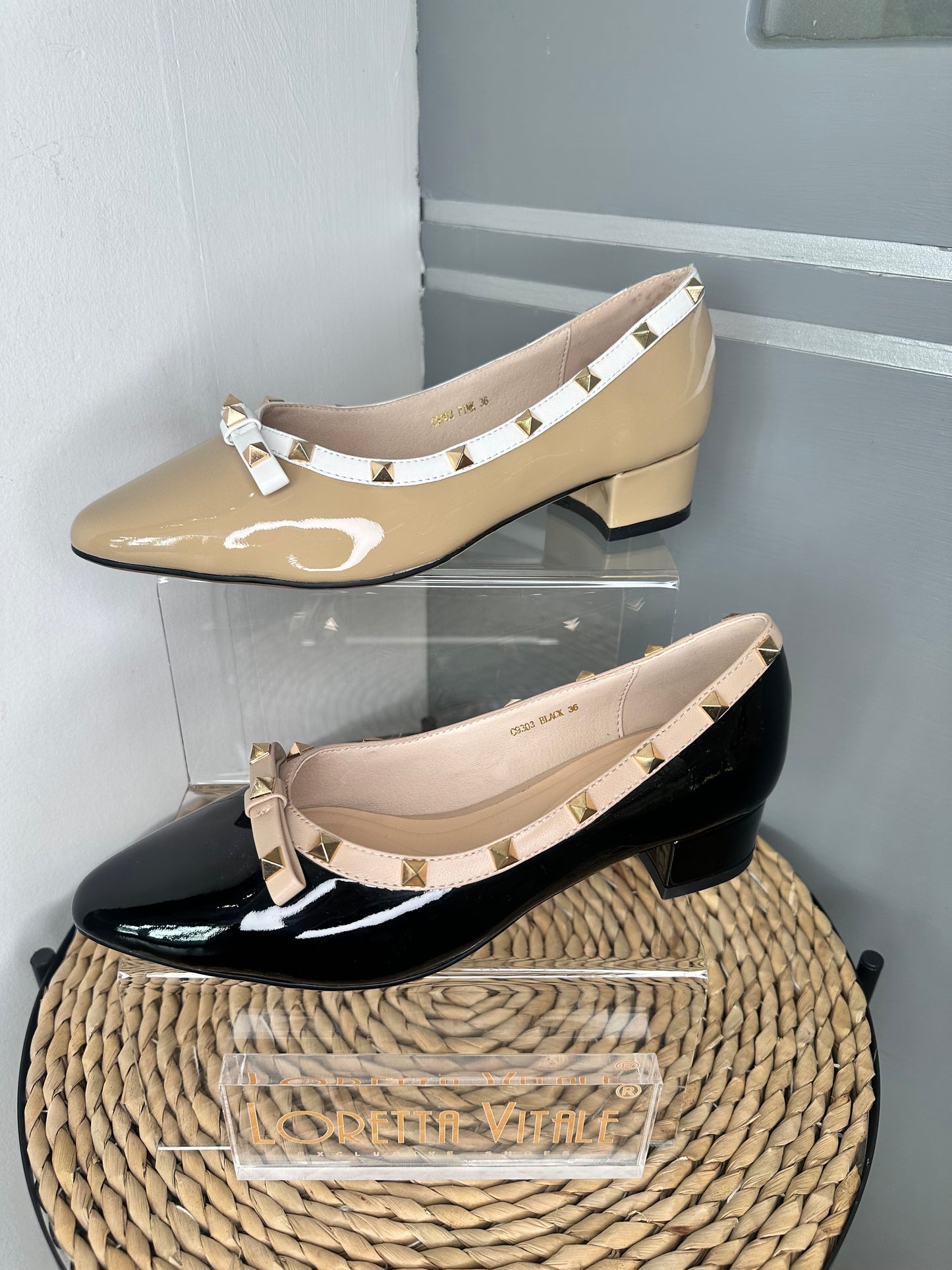 Loretta Vitale - Black Pointy Toe Patent Leather Pomp Style Shoe With Beige & Gold Stud Trim
