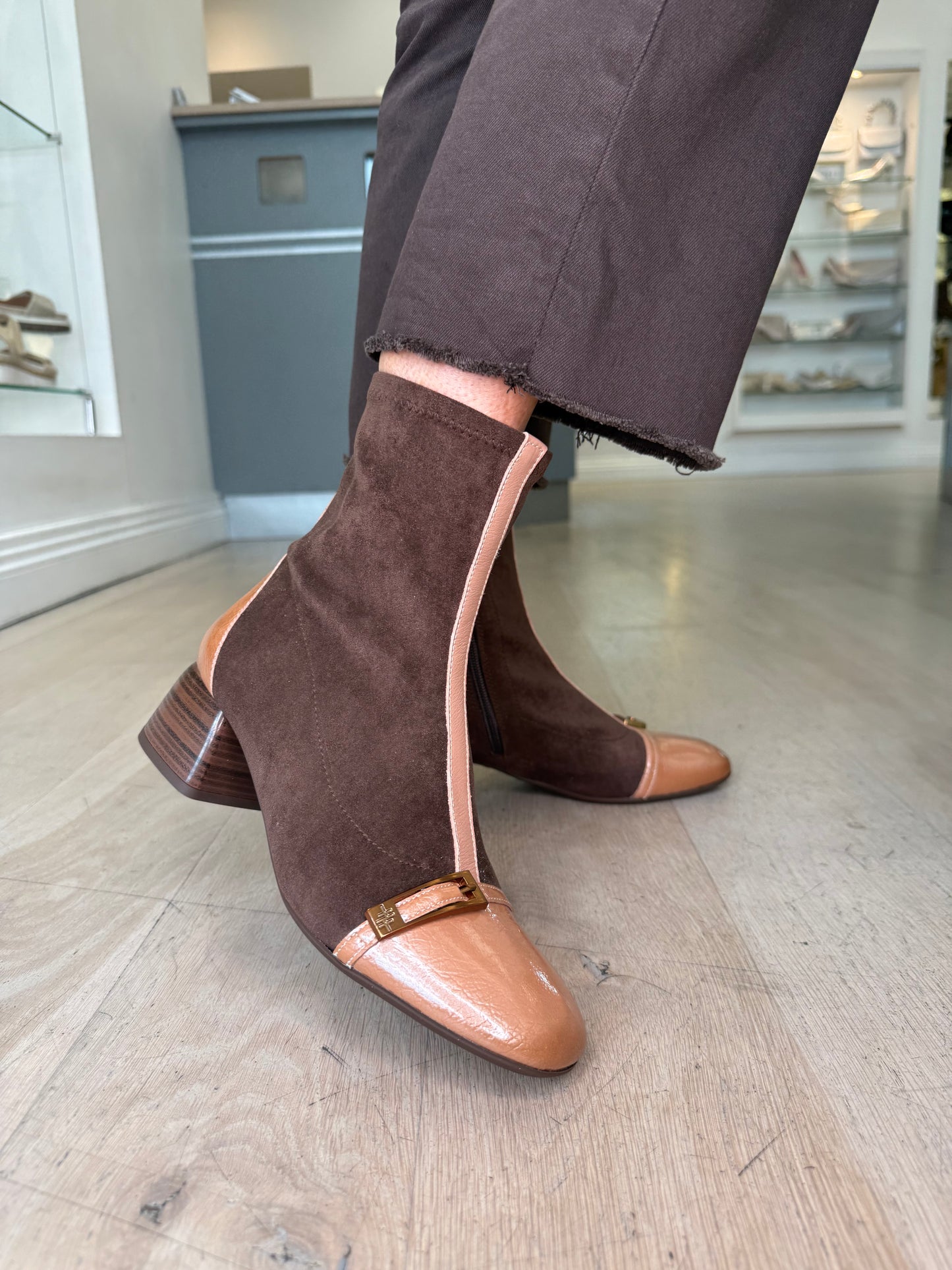 Hispanitas - Rich Brown Suede Boot With Almond Patent Leather Trim