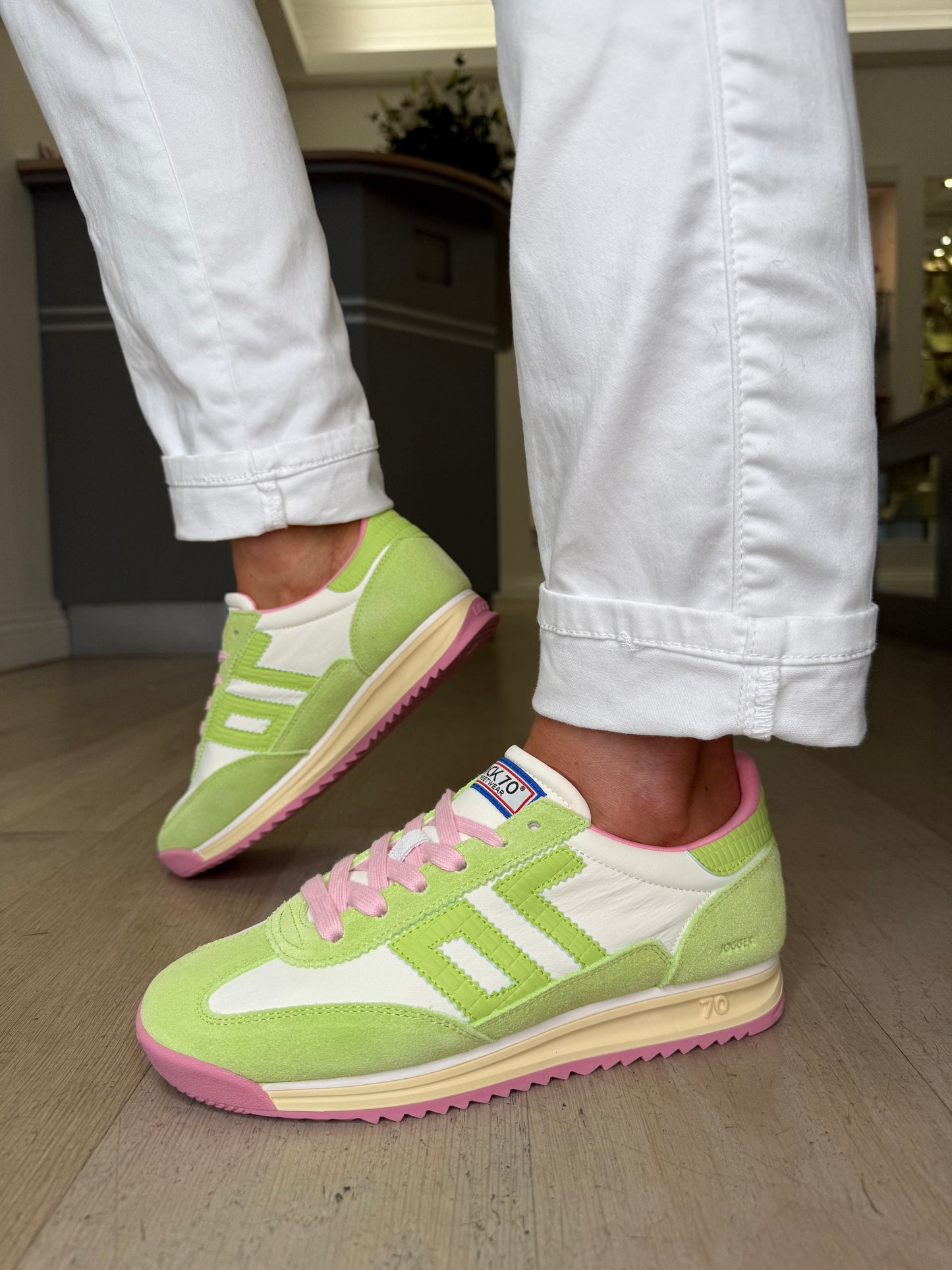 Back 70 - Lime Green Suede & White Leather Trainer With Soft Pink Trim