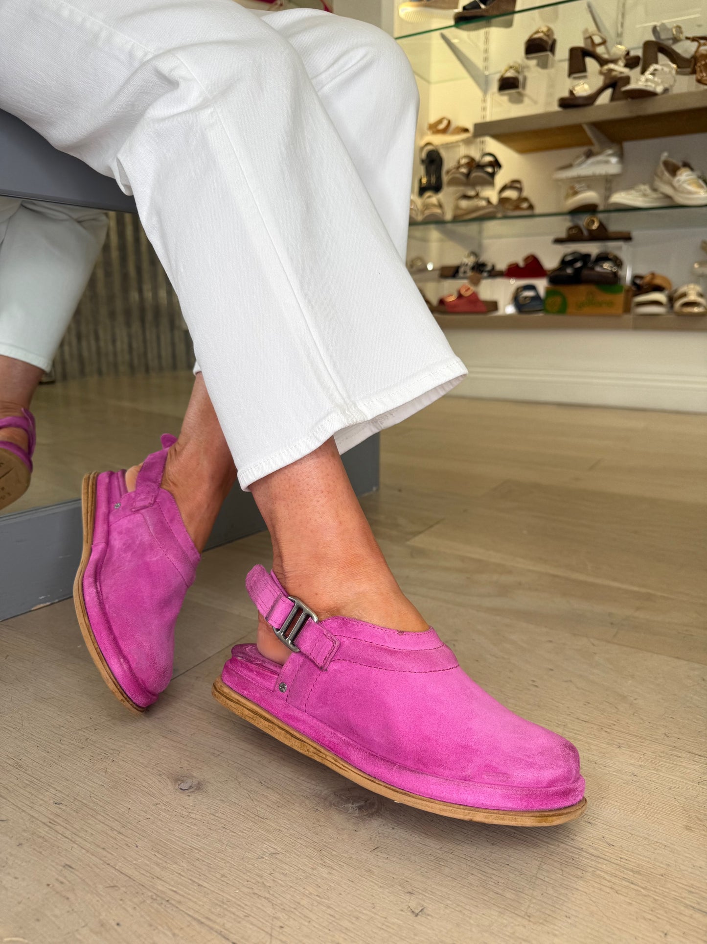 A.S.98 - Hot Pink Mule Skin Clog Mule With Velcro Backstrap