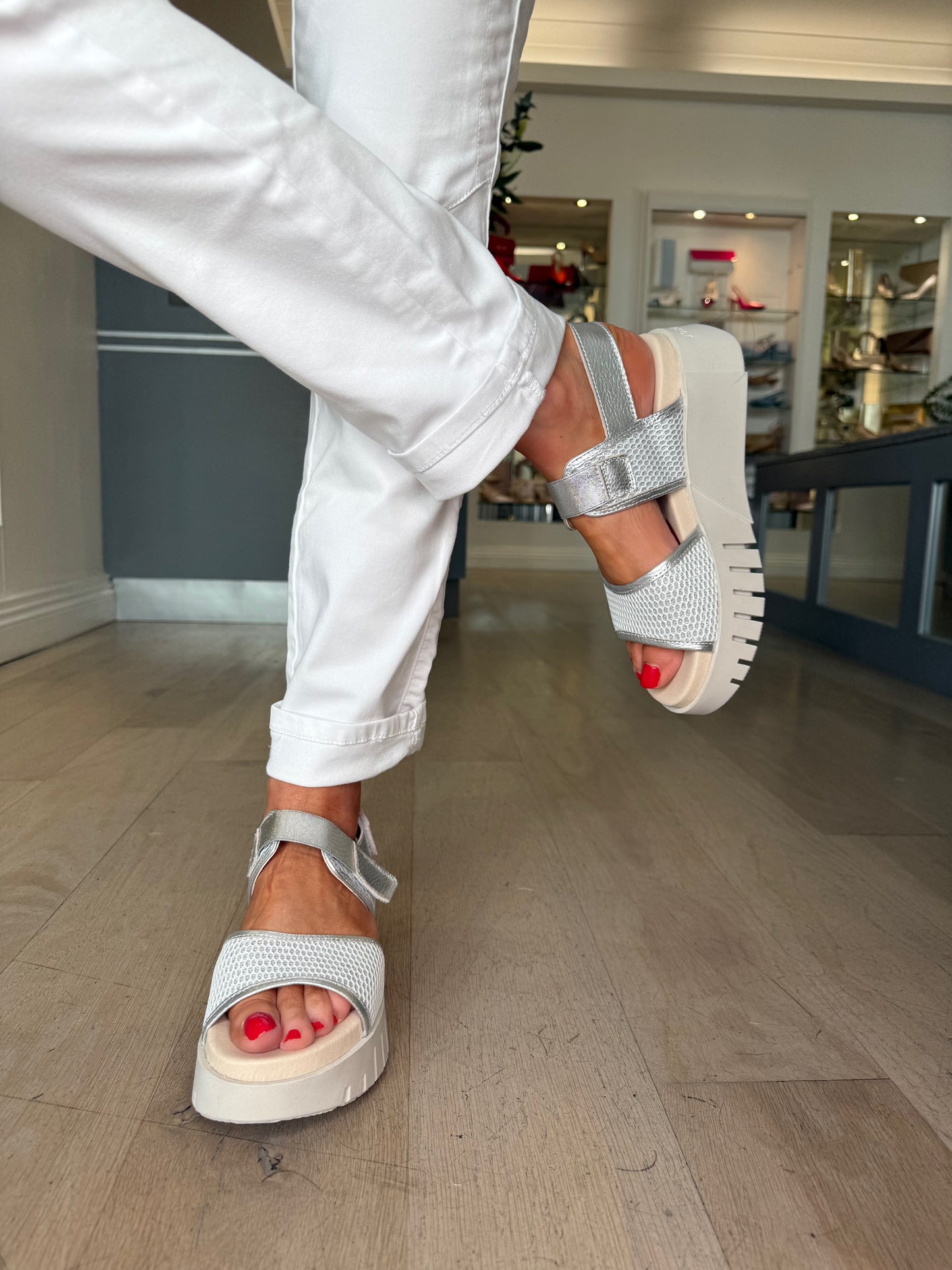 Jose Saenz - White Mesh/ Silver Metallic Chunky Sole Sandal