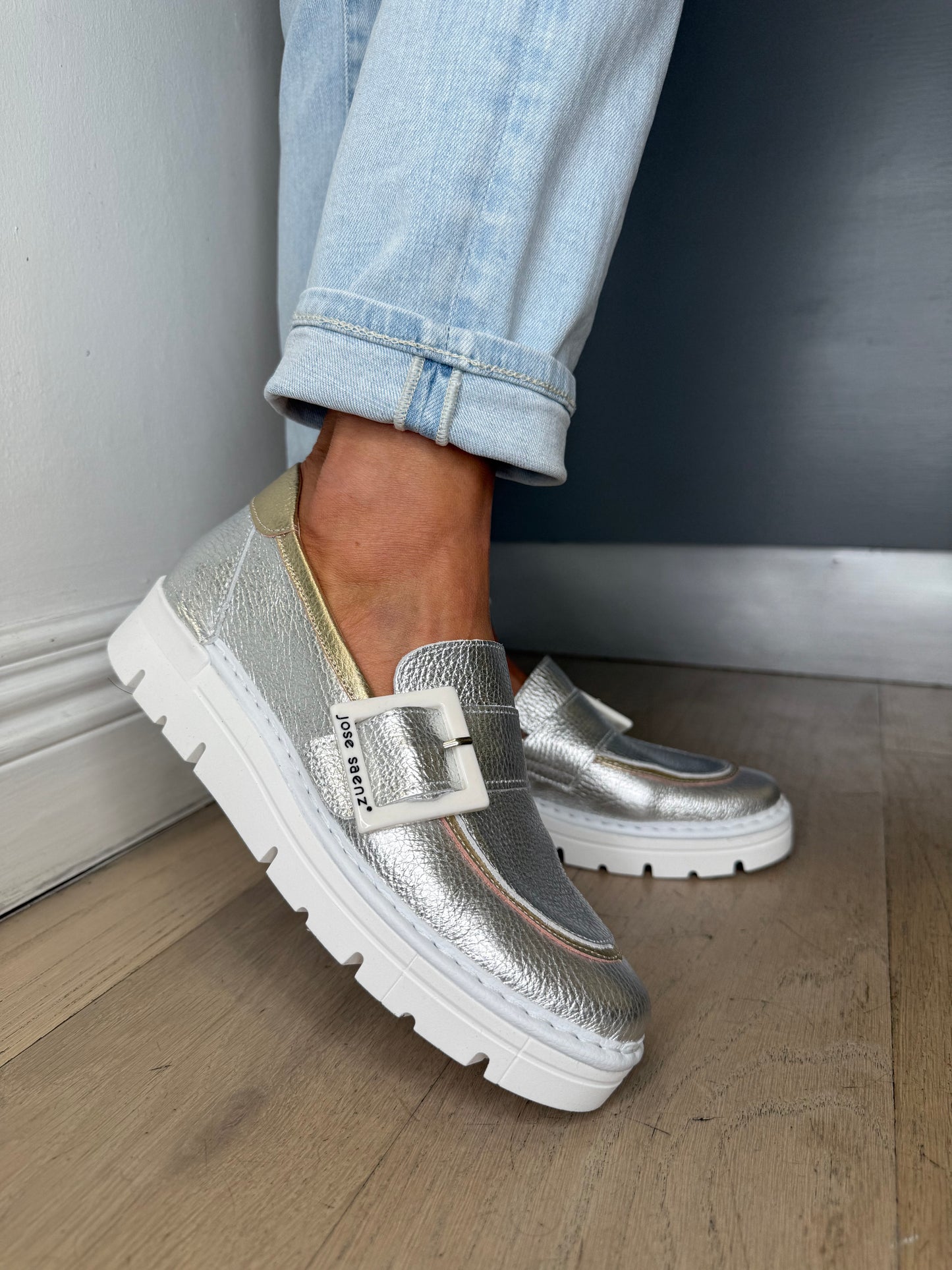 Jose Saenz - Metallic Silver Slip On Shoe With Metallic Gold Trim