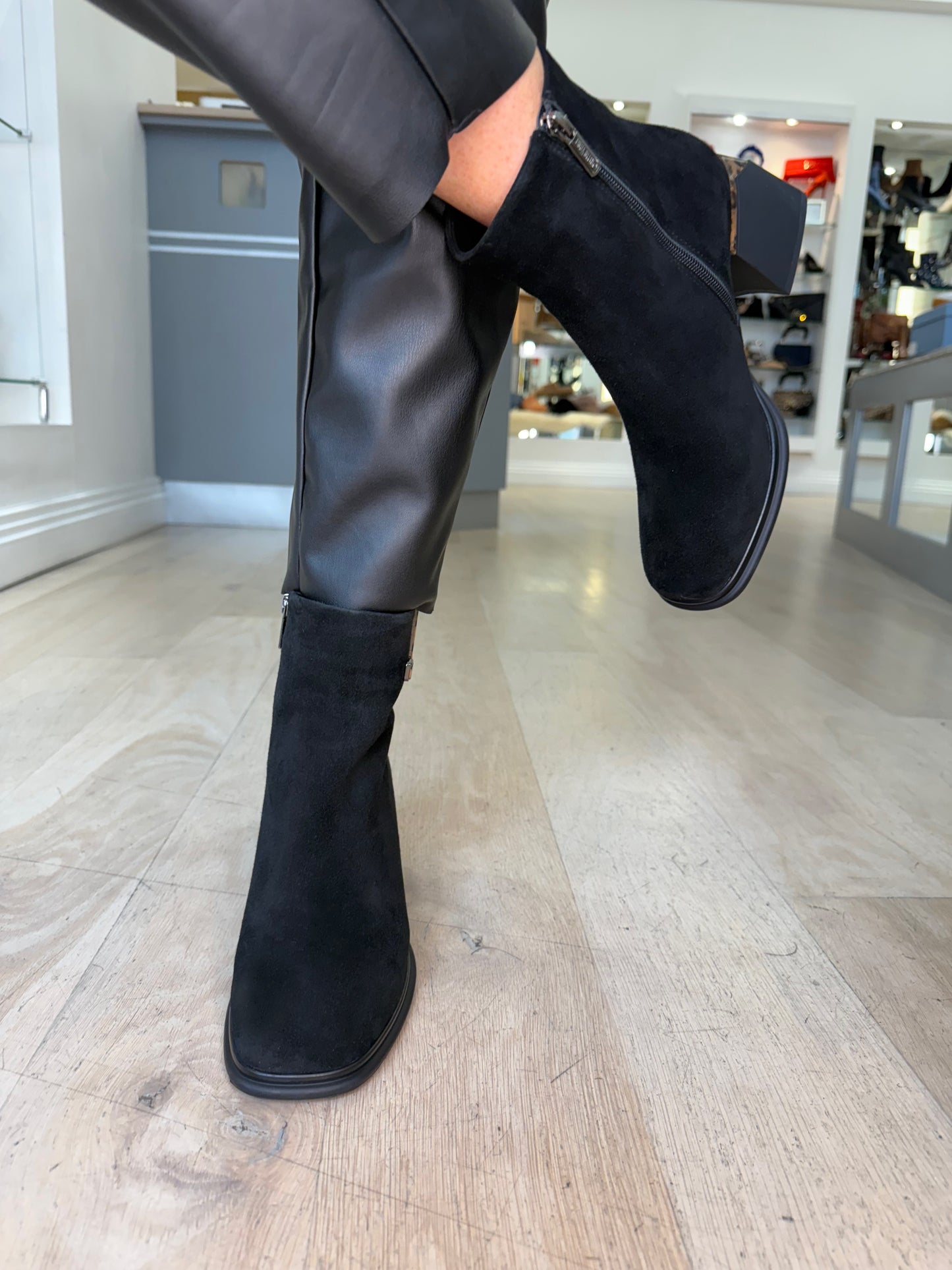 Loretta Vitale - Black Suede Block Heel Boot With Leopard Print L Trim