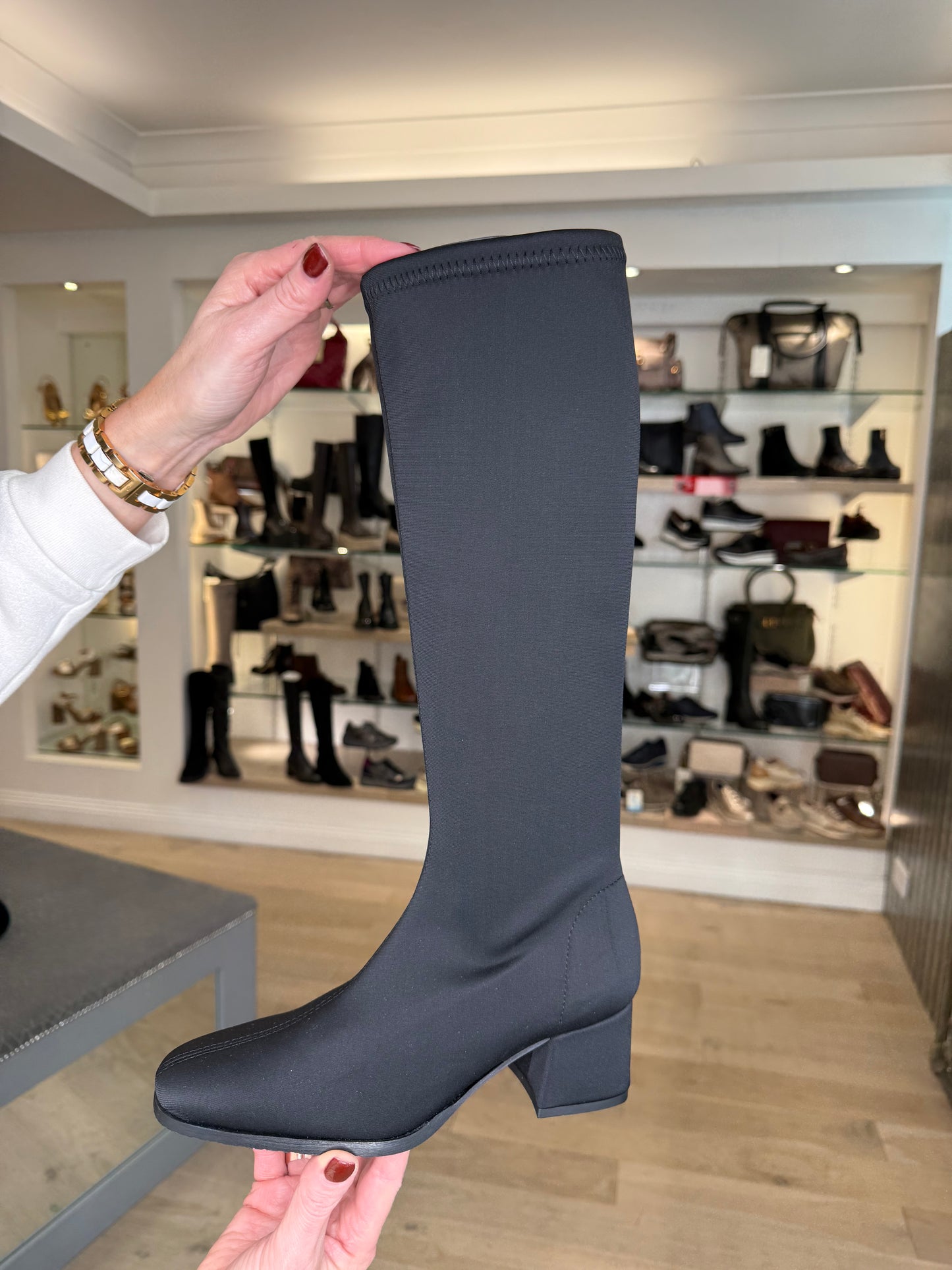 Miss Elastic - Long Black Lycra Block Heel Boot