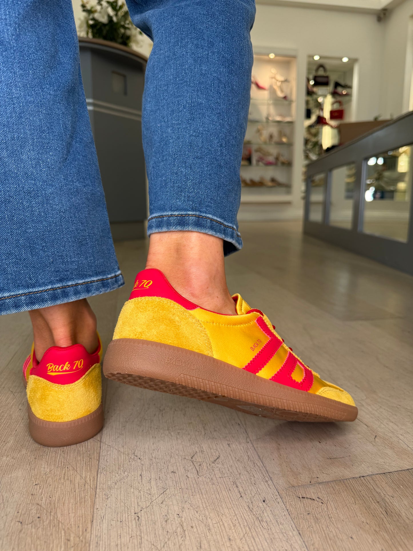 Back 70 - Yellow Satin & Suede Red Trim Trainer