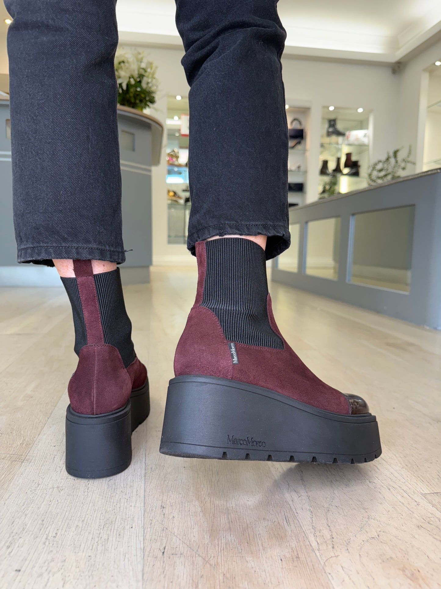 Marco Moreo - Brenda Burgundy Suede Chunky Sole Wedge Boot With Burgundy Patent Trim