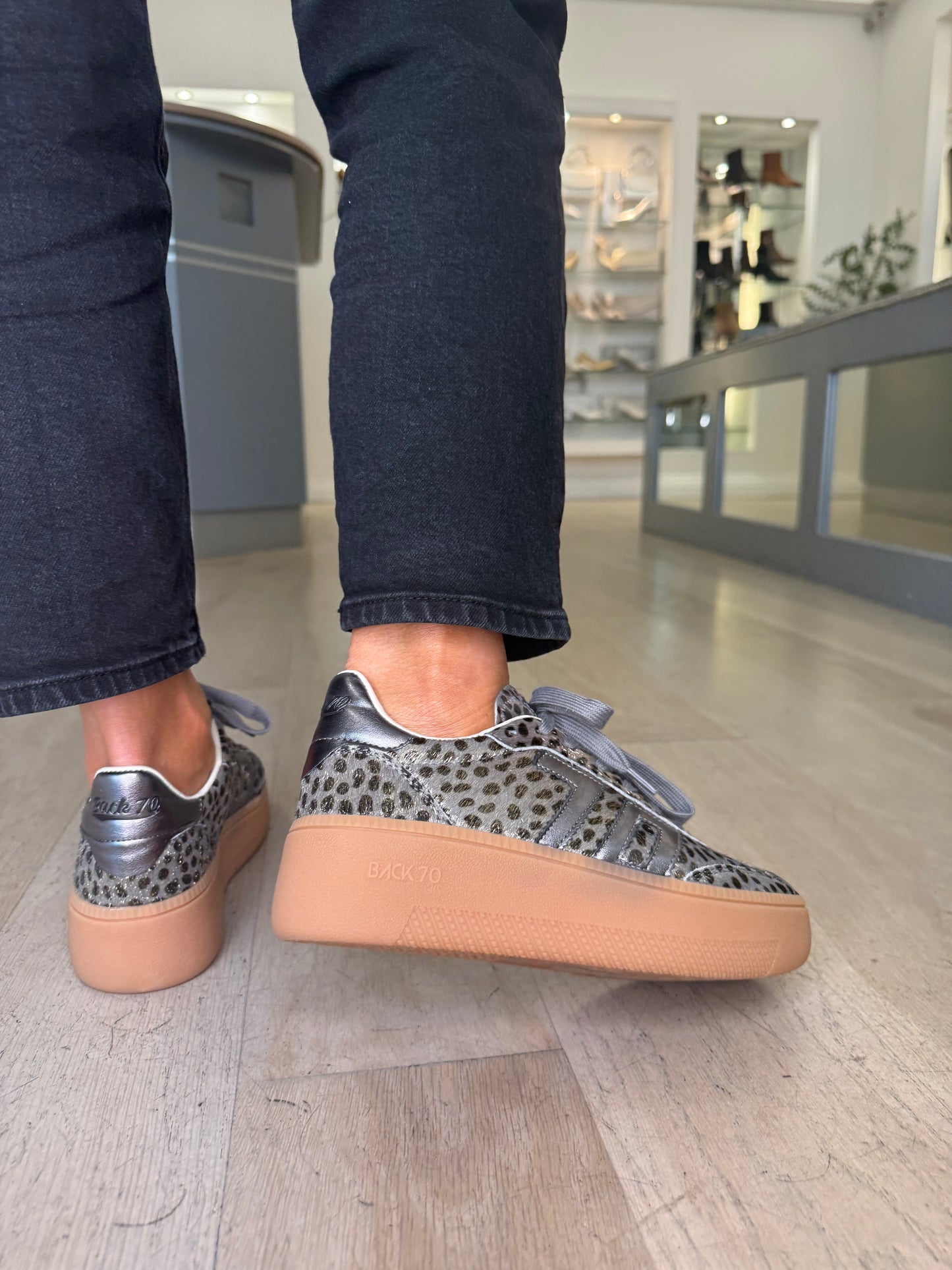 Back 70 - Cheetah Print Lace Up Gunmetal Flatform Trainer